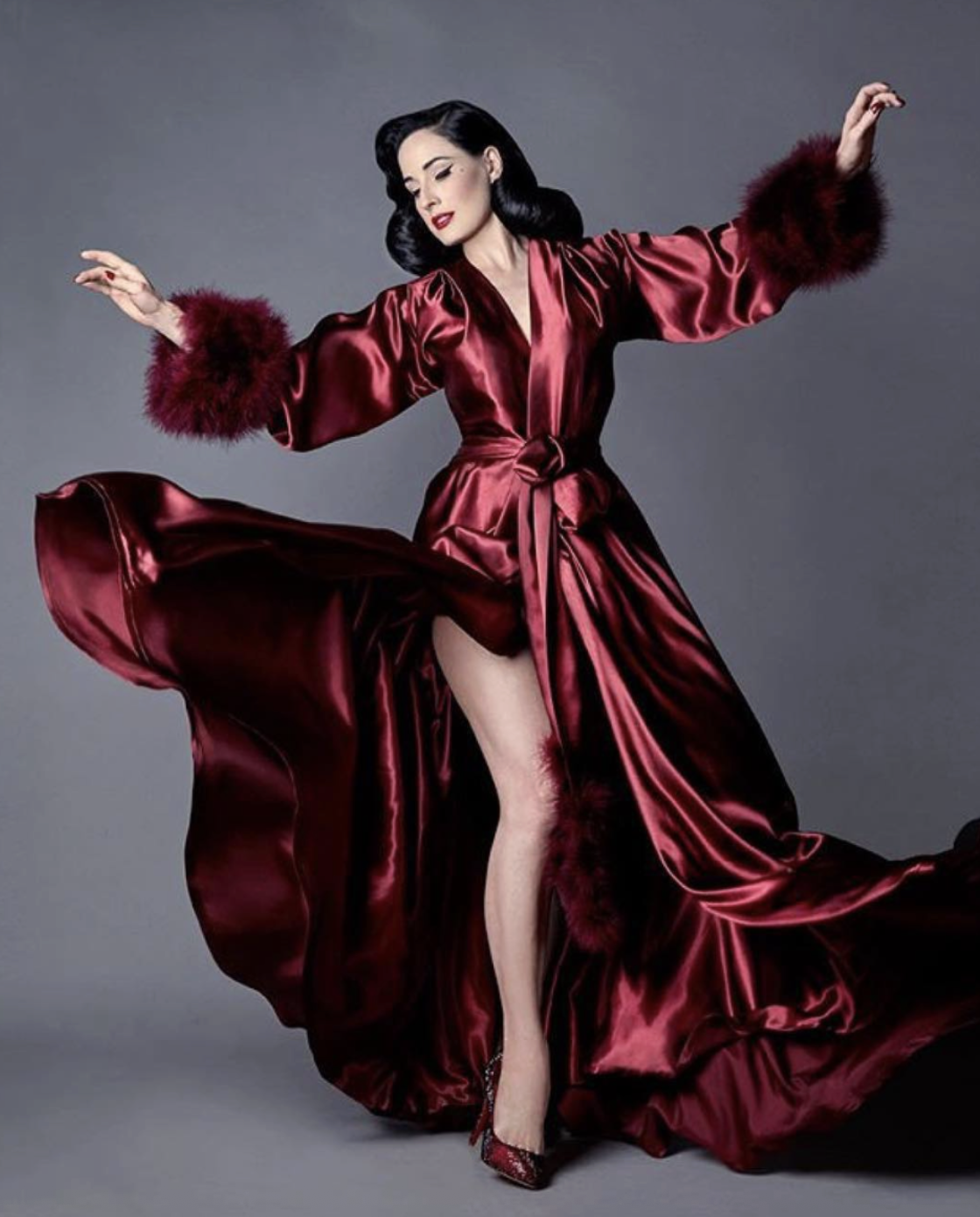 Catherine D'Lish Wine Marabou-cuffed "Beverly" Gown