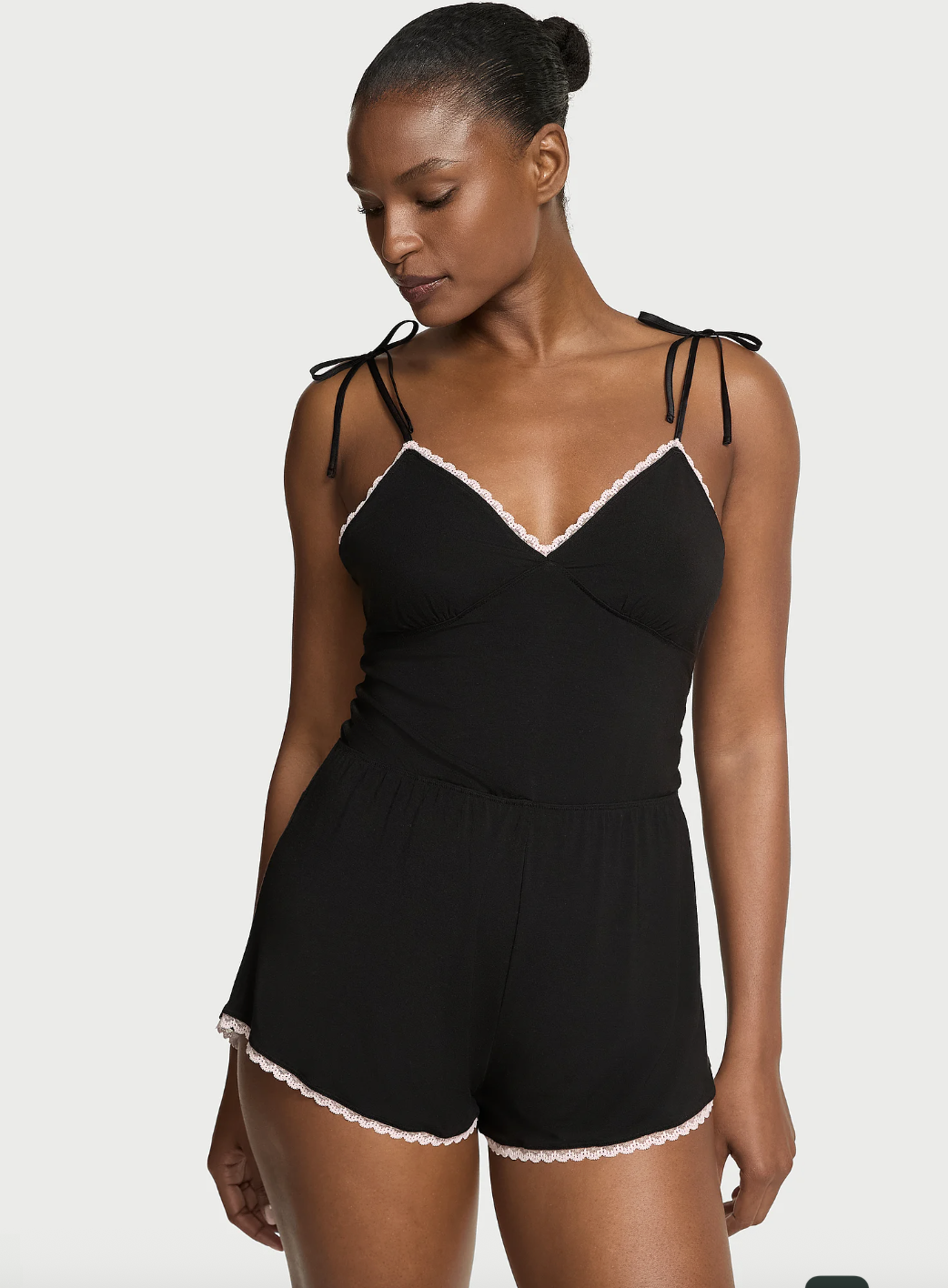 Modal Lace-Trim Bow Short Romper