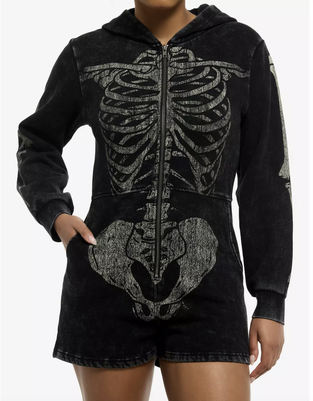 Hot Topic Skeleton Black Mineral Wash Girls Hooded Romper