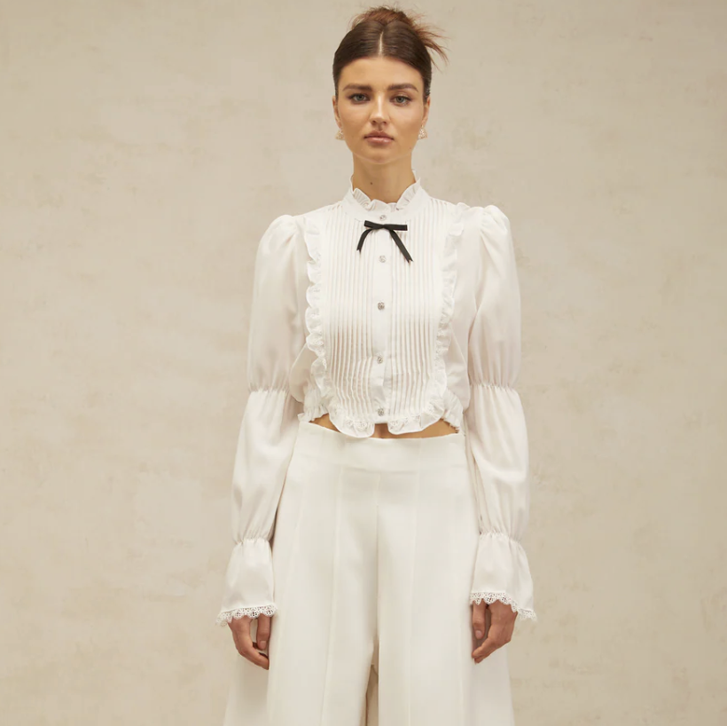 Miss Rosier Paulette White Bowknot Shirred-Panel Ruffled Shirt