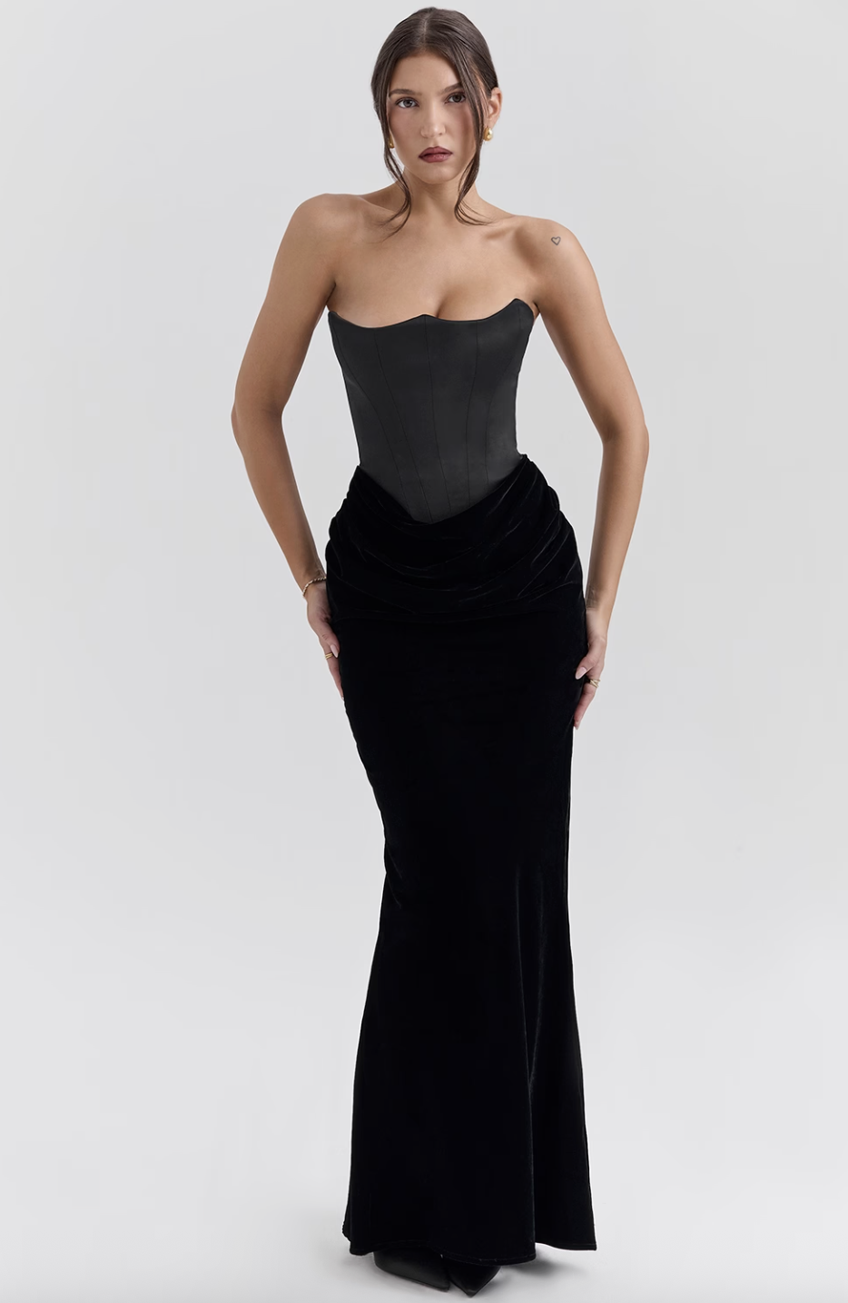 House of CB Persephone Black Velvet Strapless Corset Maxi Dress