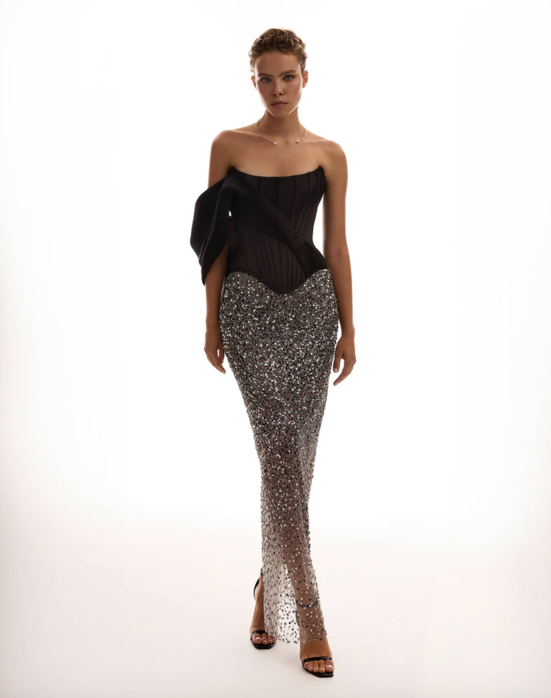 Milla Showstopper Fully Sequined Silver Fitted Maxi Skirt, Midnight Walk