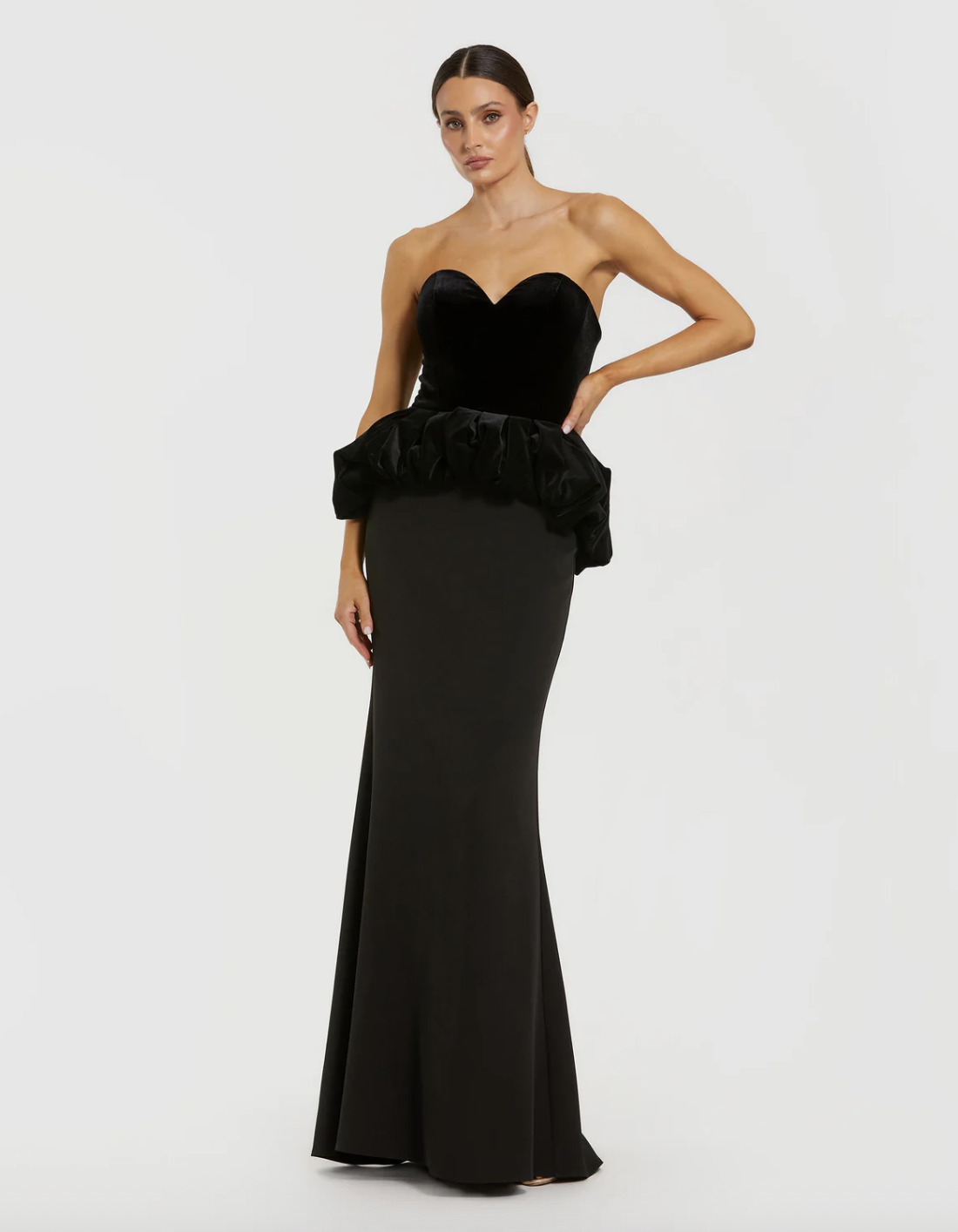 Mac Duggal Black Strapless Velvet Peplum Gown