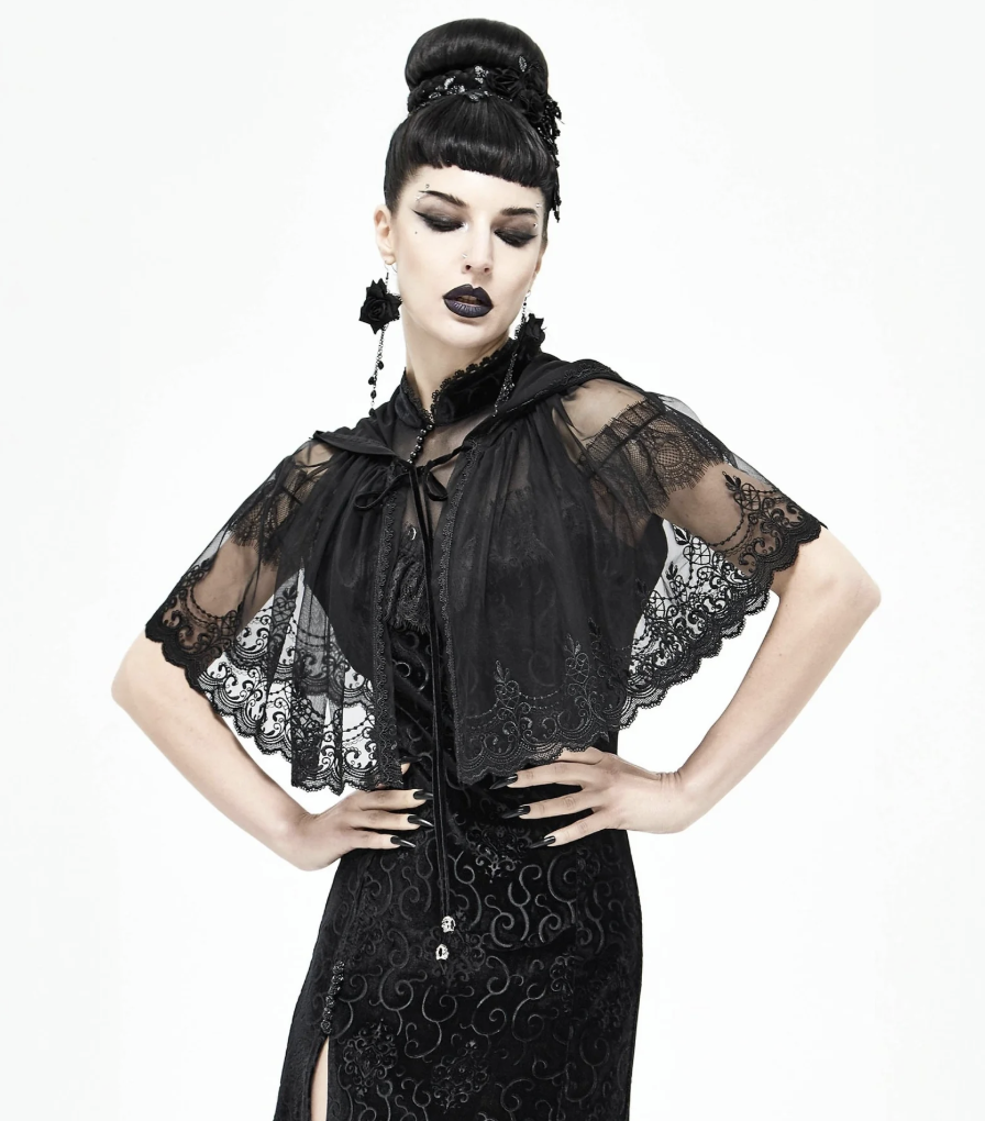 Unique Vintage Black Lace Hooded Cape