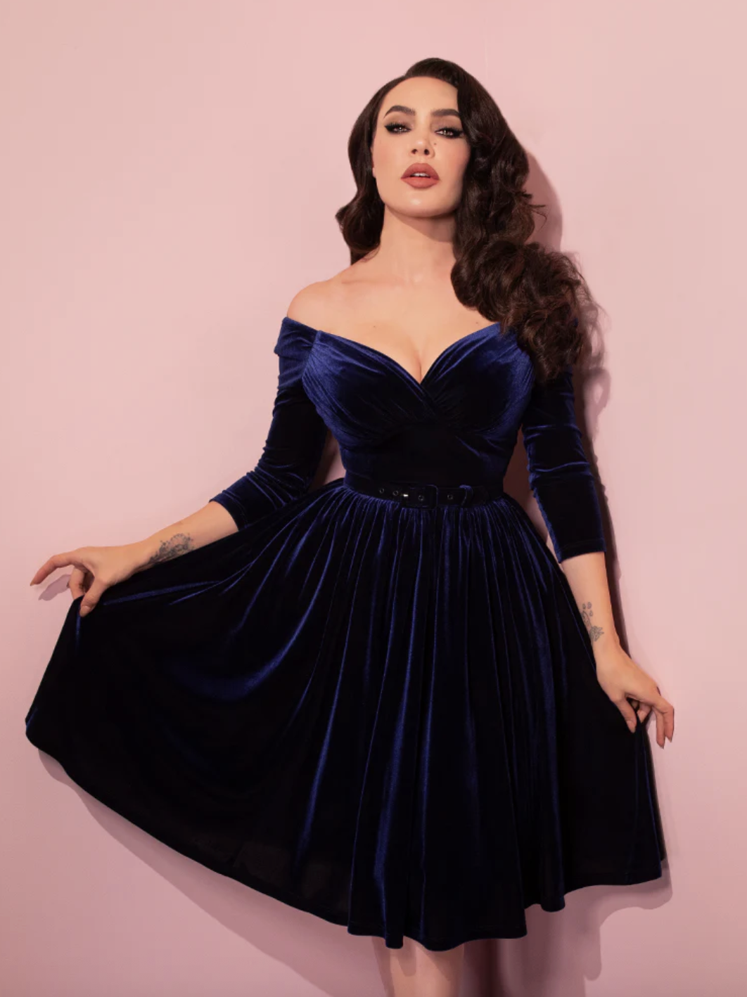 Vixen by Micheline Pitt Starlet Swing Dress in Navy Velvet
