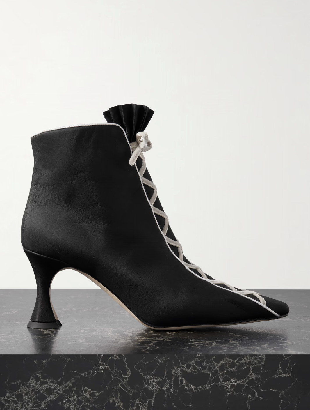 Manolo Blahnik (via Net-A-Porter) Nolhac 70 Ruffled Velvet-Trimmed Silk Ankle Boots (Marie Antoinette Collection)