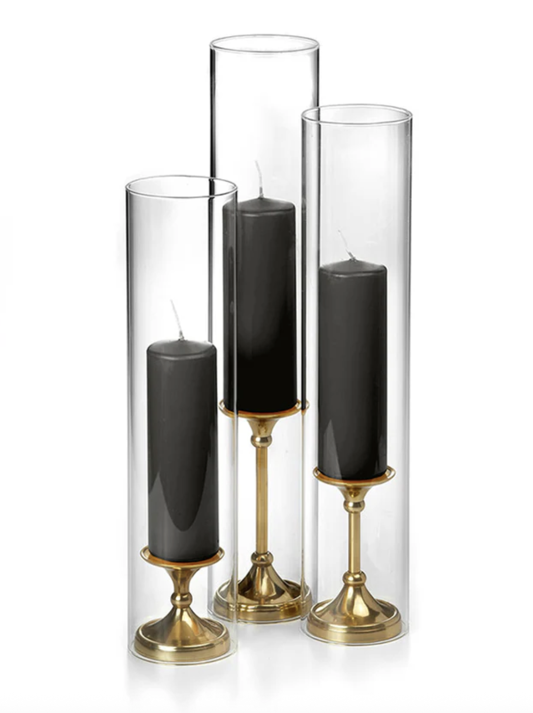 Yummi Candles 12 Slim Pillar Candles, Glass Chimneys and 12 Gold Timeless Pillar Holders Set of 12