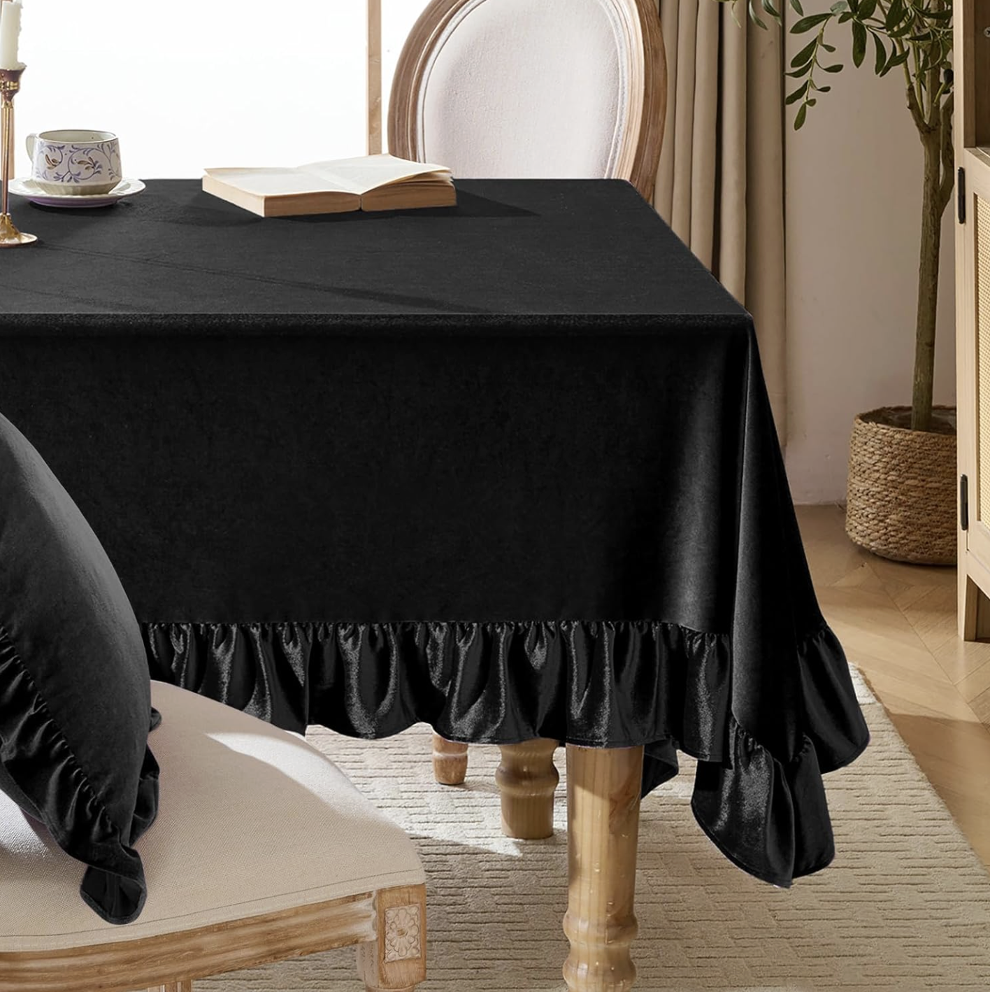 KKJIAF (via Amazon) Black Velvet Tablecloth