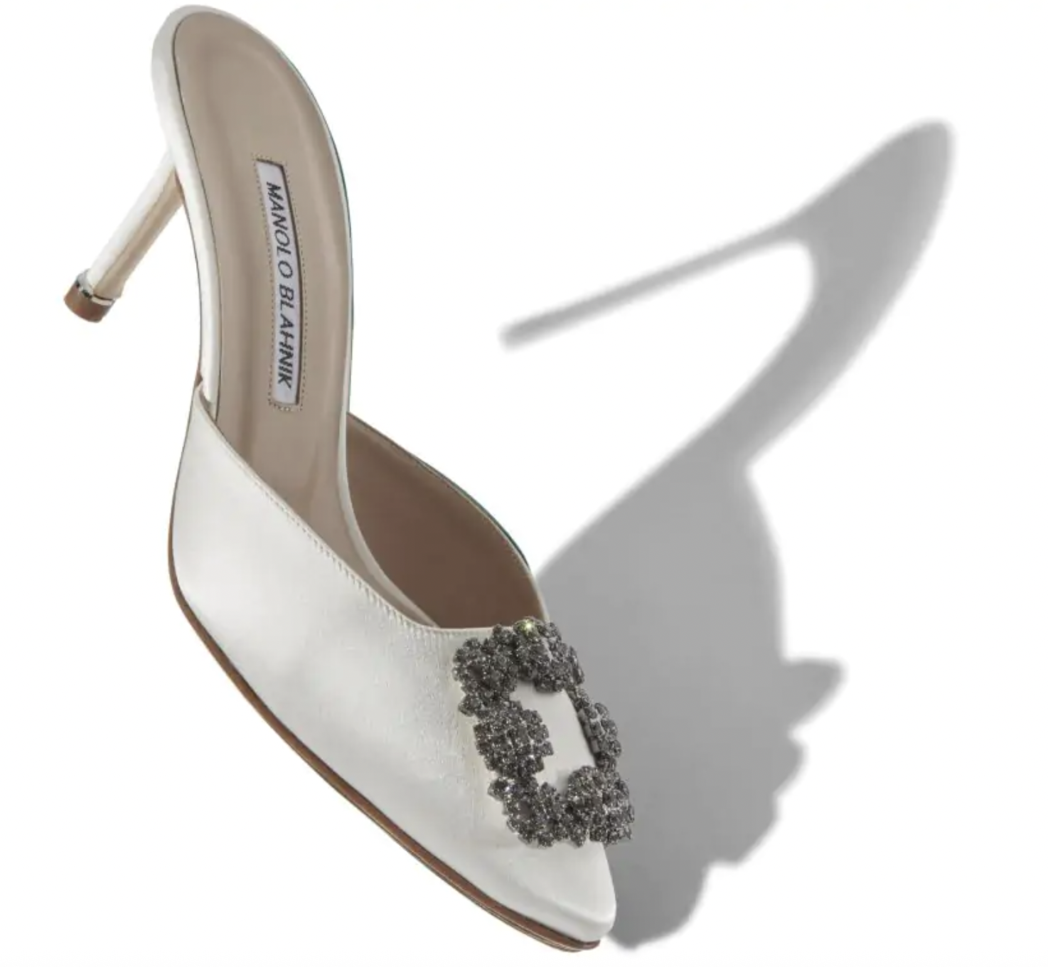 Manolo Blahnik HANGISIMU Off-White Satin Jewel Buckle Mules Off-White Satin Jewel Buckle Mules