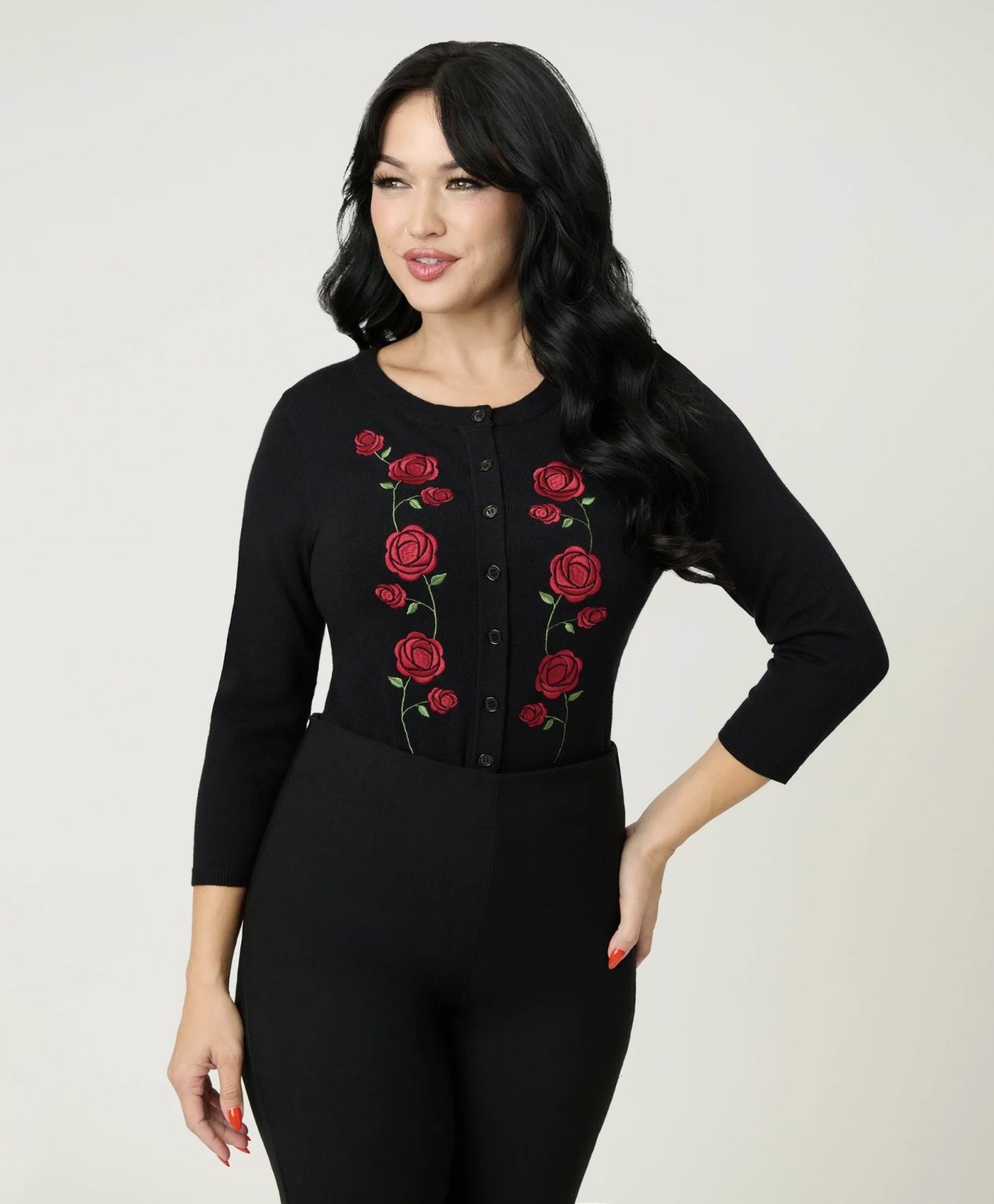 Unique Vintage Black &amp; Red Roses Bookworm Cardigan