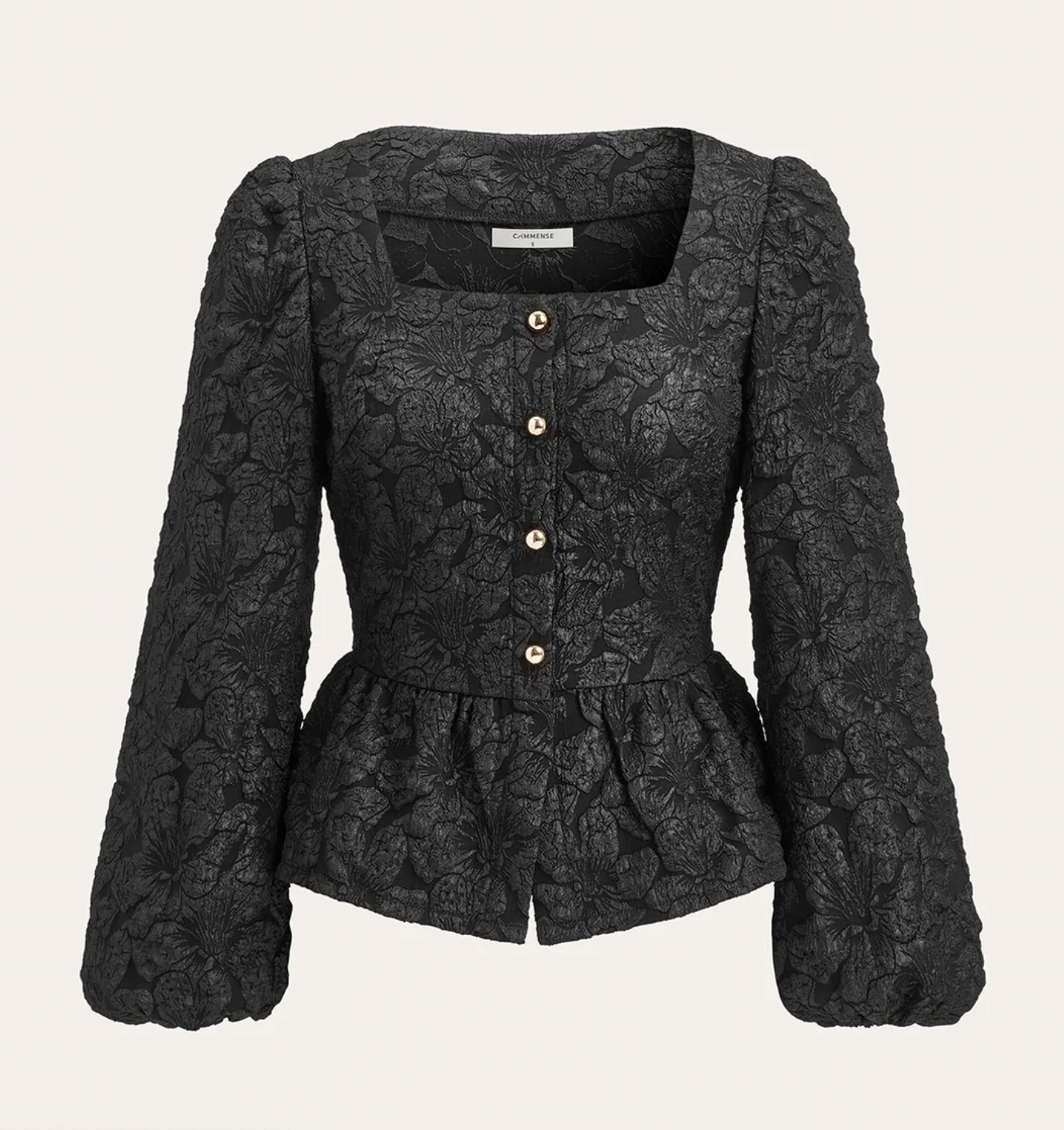 Commense Textured Puff Sleeve Peplum Blouse