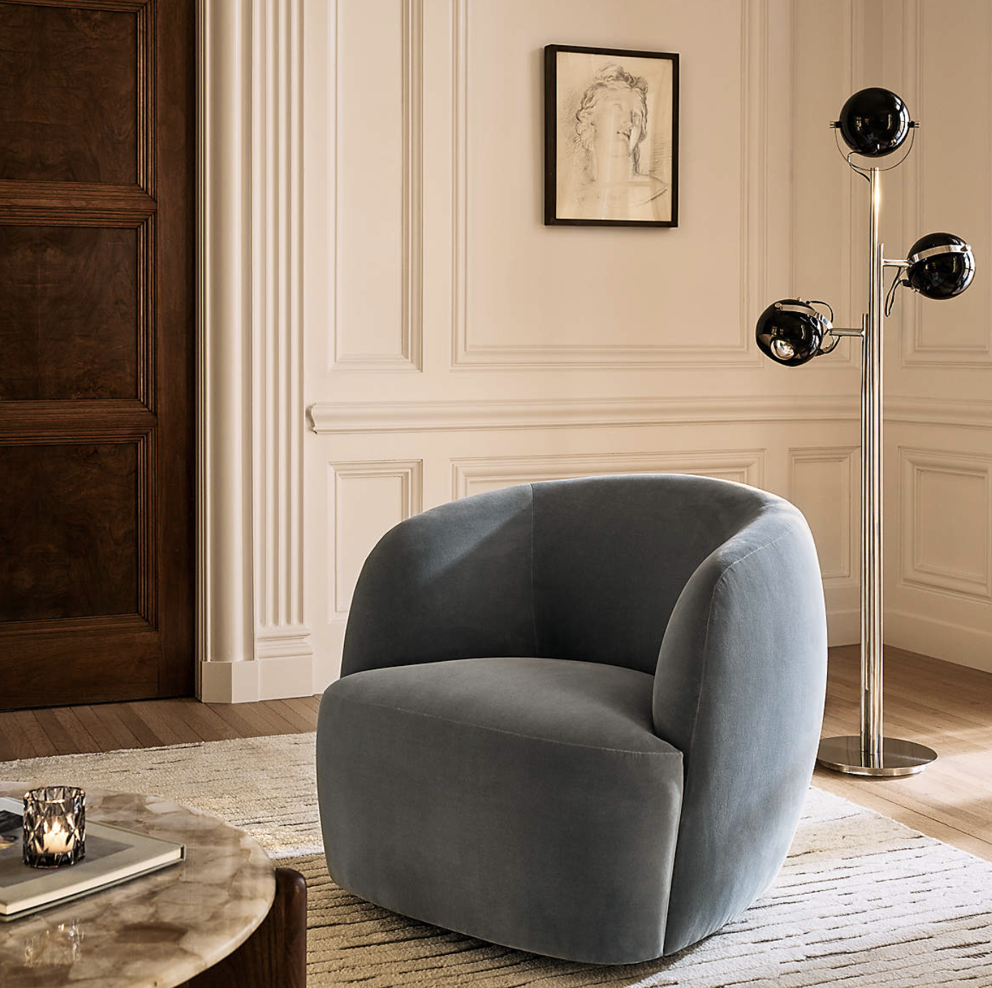 cb2 Gwyneth Light Blue Velvet Swivel Chair by Goop