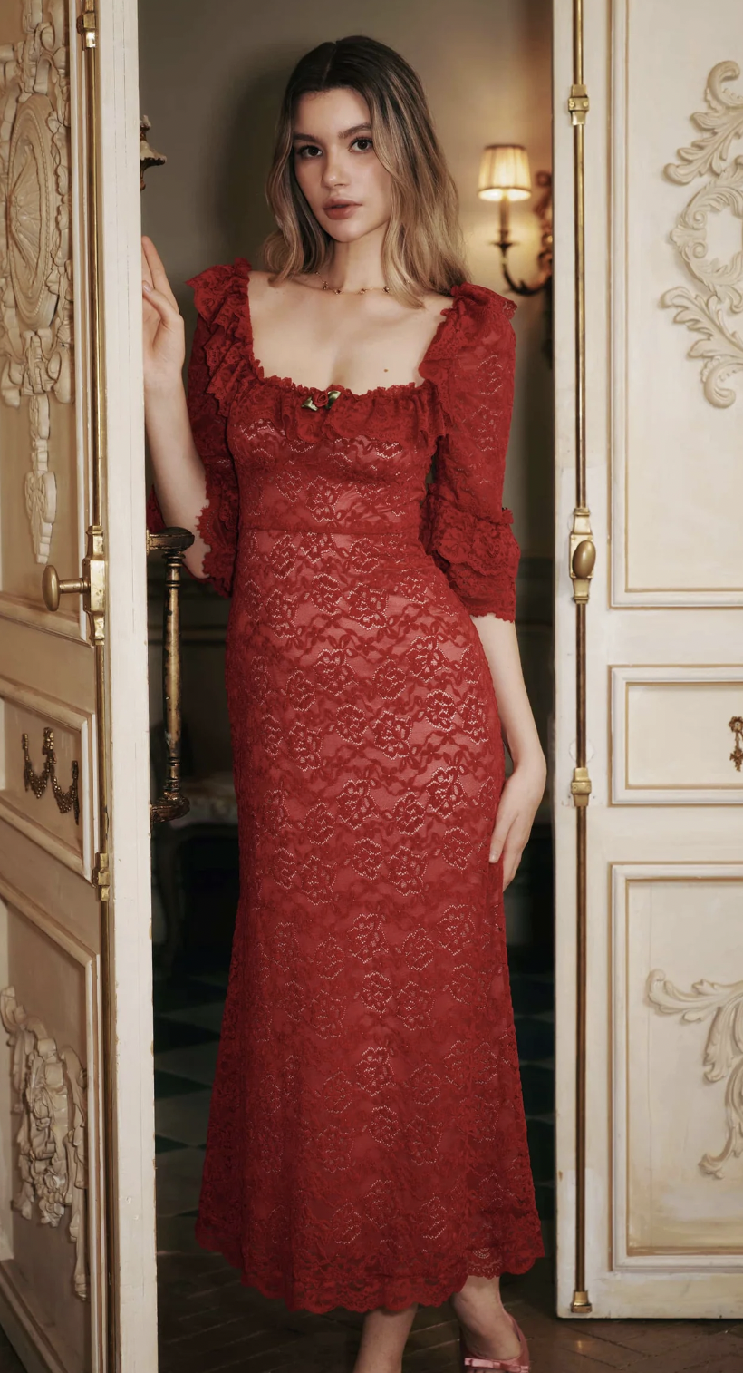 American Heiress Scarlett Chenille Lace Midi Dress in Ruby Red