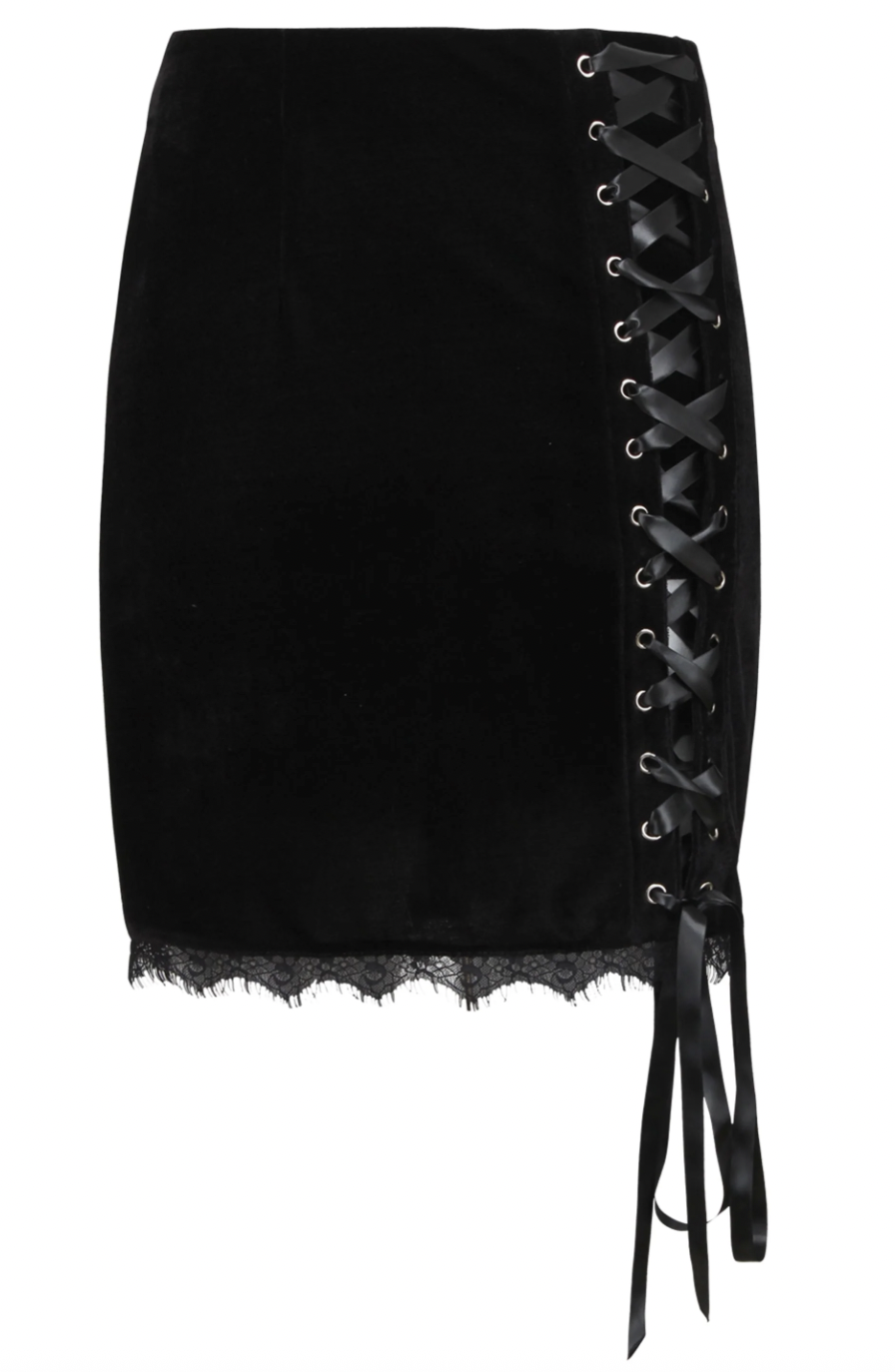 Corset Story Corset Inspired Black Velvet Skirt with Ribbon Lacing