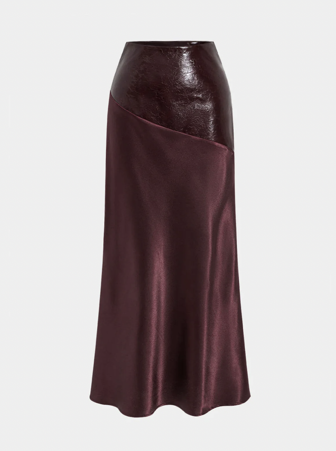 Commense Faux Leather Panel Asymmetric Satin Maxi Skirt