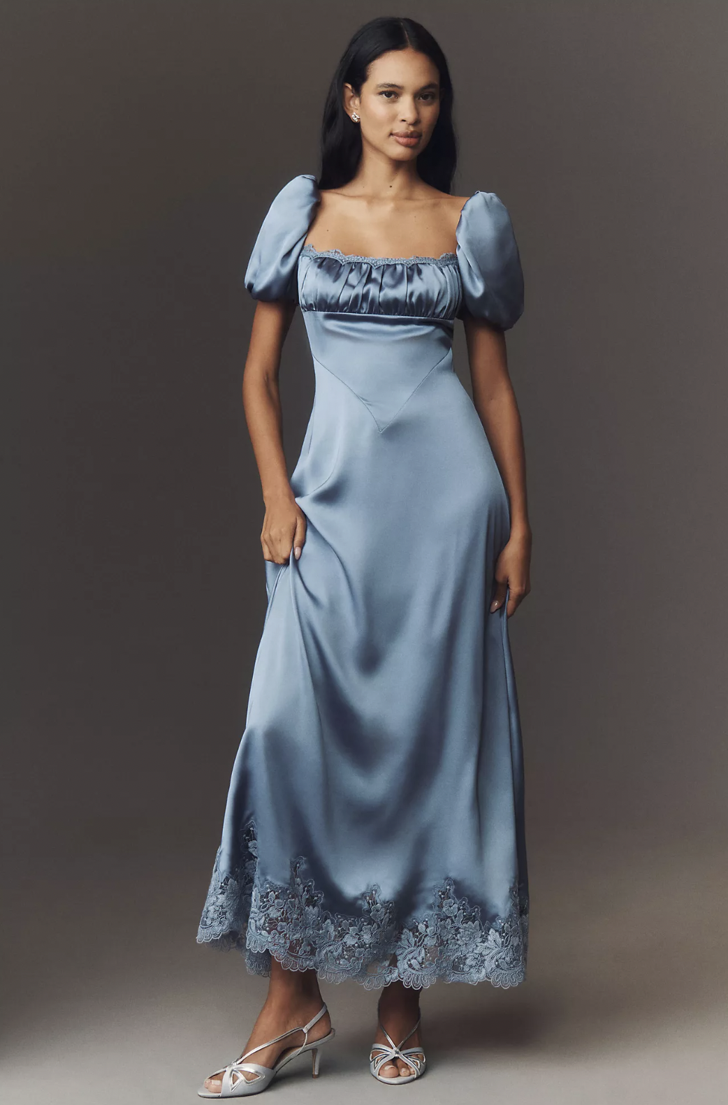 Anthropologie Mare Mare Puff-Sleeve Square-Neck Satin Maxi Dress