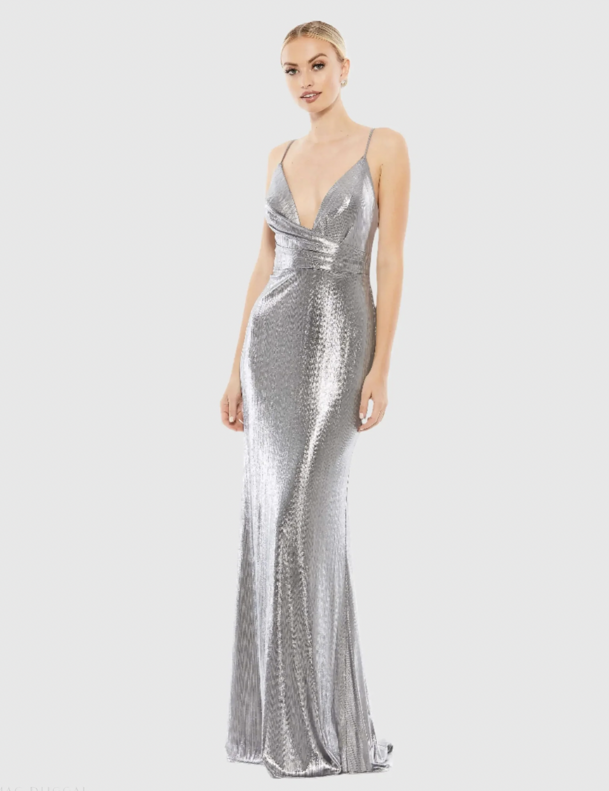 Mac Duggal Silver Metallic Faux Wrap Spaghetti Strap Gown
