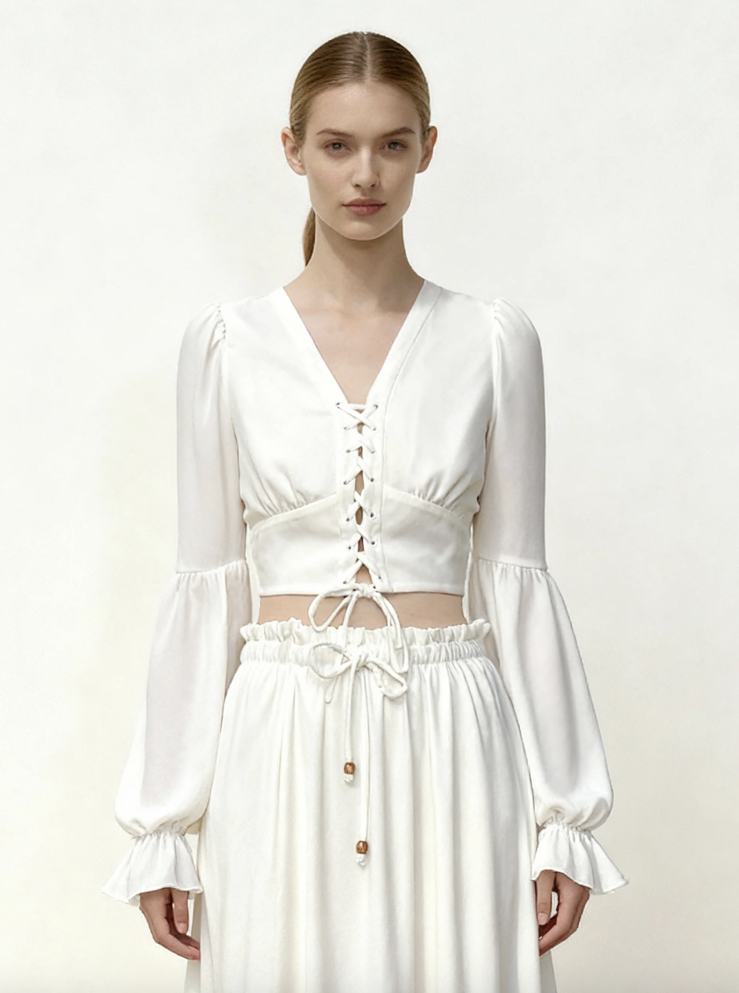 JW PEI Chiffon Lantern-Sleeve Tie-Front Cropped Blouse