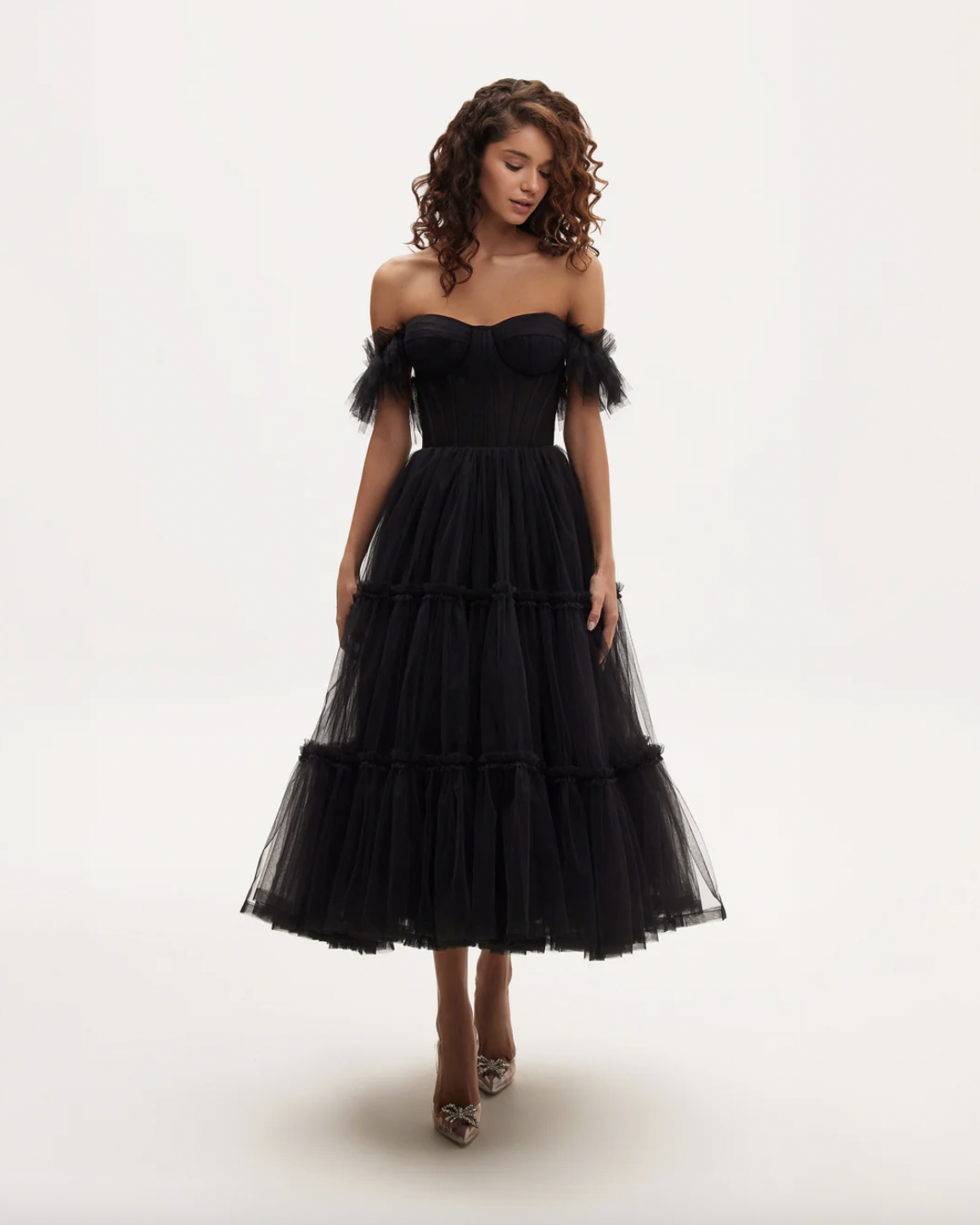 Milla Black Ruffled Tulle Midi Dress