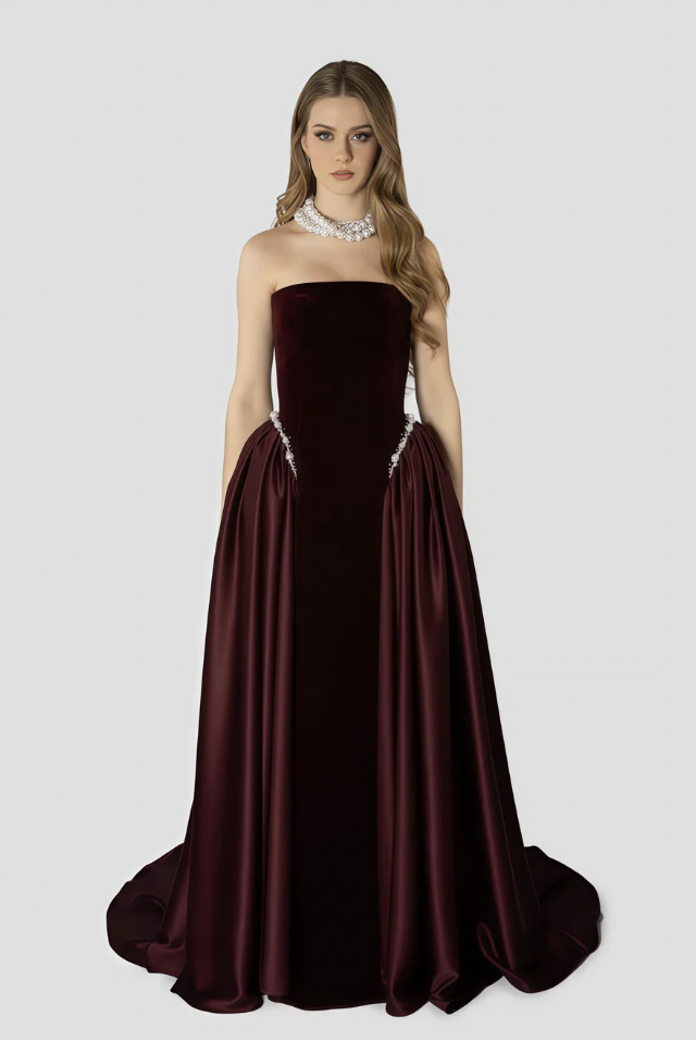 Miss Rosier Raffaella Burgundy Pearl Trim Maxi Gown