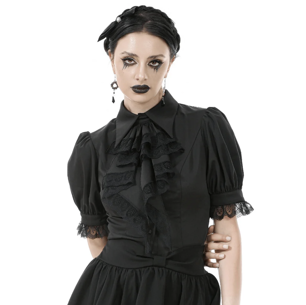 Hard'n'Heavy Victorian-Inspired Black Satin Top with Lace and High Collar