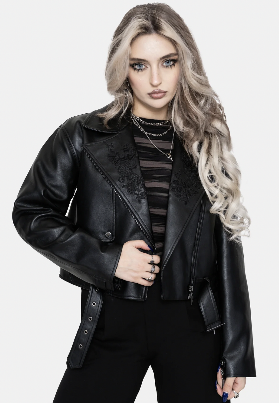 Disturbia Clash Phoenix Embroidered Faux Leather Cropped Trench Jacket