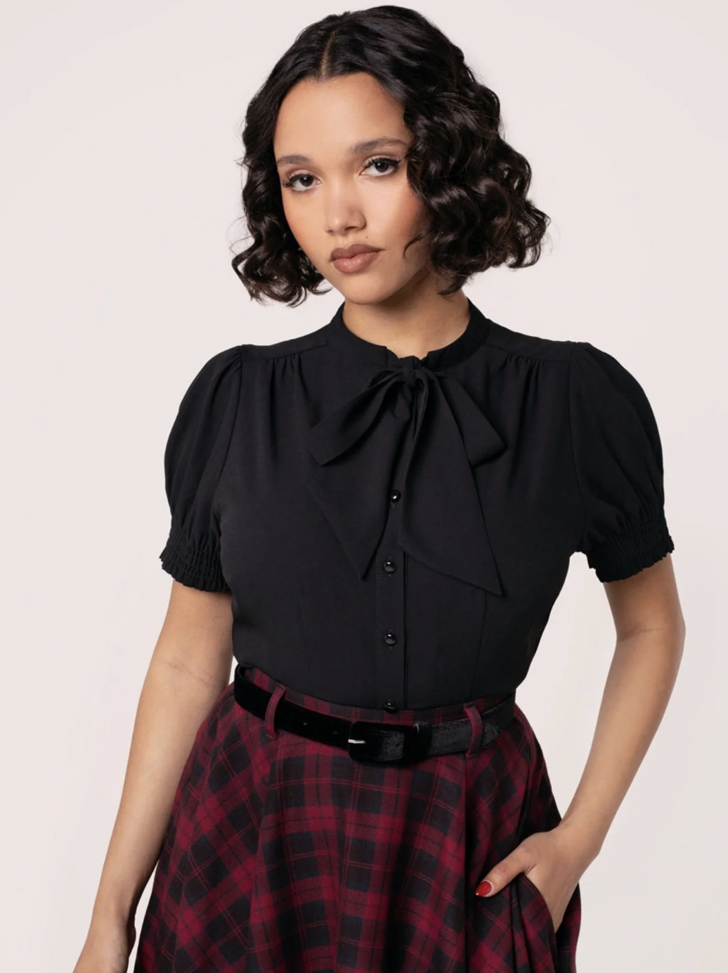 Unique Vintage Hell Bunny Black Turner Bow Blouse