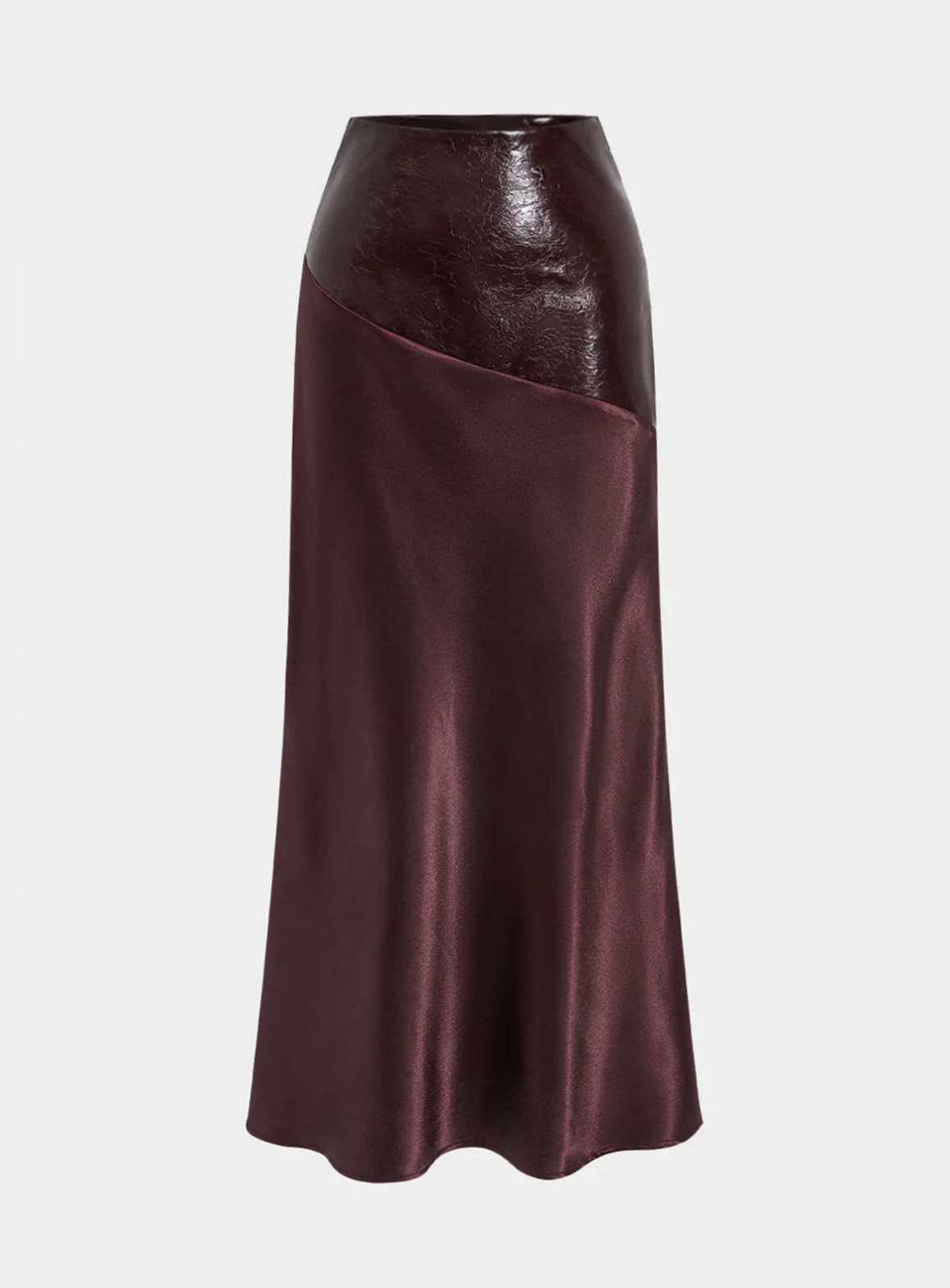 Commense Faux Leather Panel Asymmetric Satin Maxi Skirt