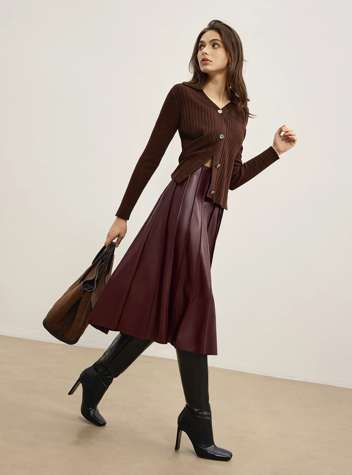 Commense Faux Leather Pleated Midi Skirt