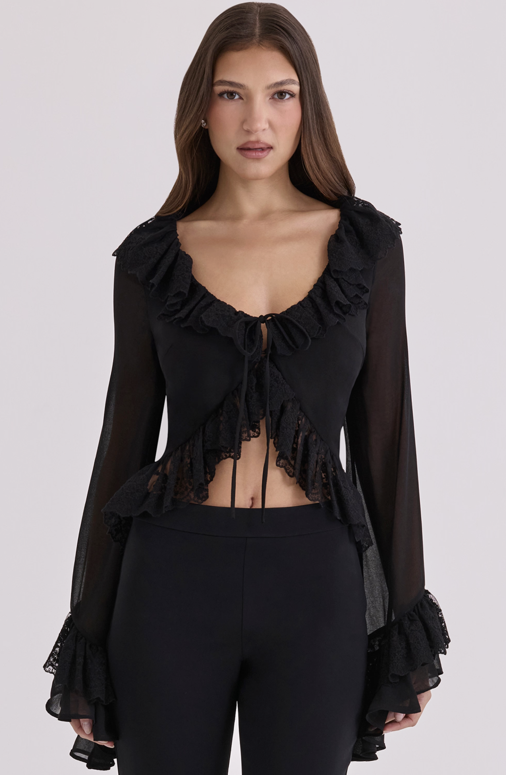 House of CB Goya Black Ruffled Sleeve Blouse