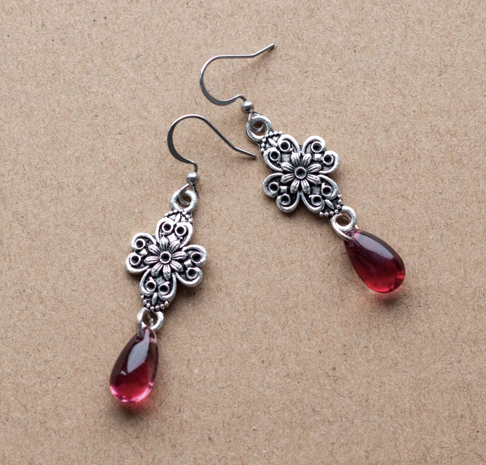 Decadent Designs Gothic Victorian Earrings with Dark Red Crystals