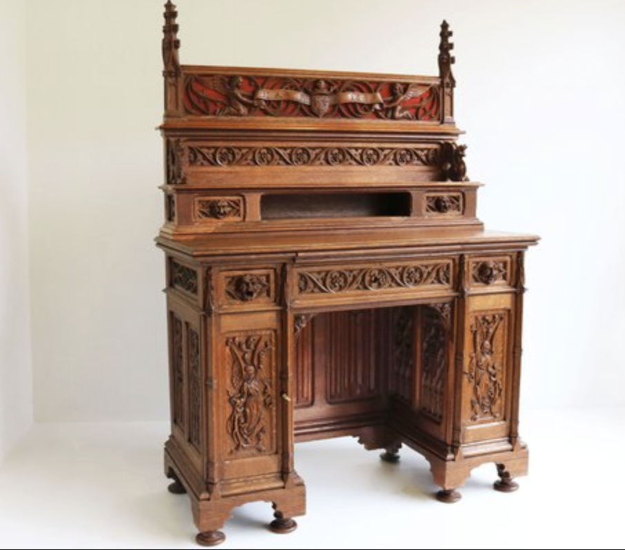 Pamono 19th Century Gothic Revival Writing Desk in Carved Oak with Angels &amp; Dragons