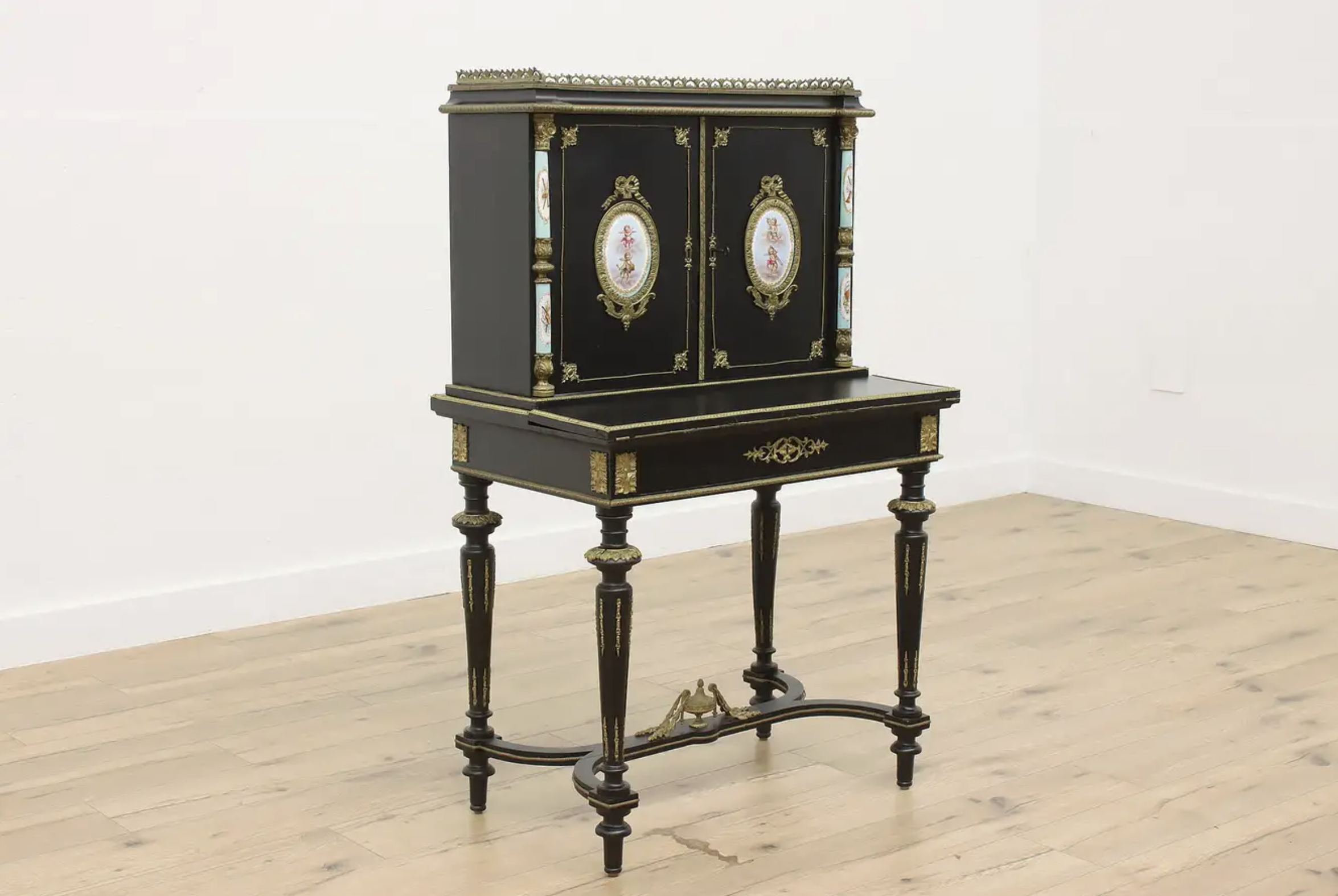 Harp Gallery Antique and Vintage Furniture French Antique Ebonized &amp; Porcelain Office or Library Desk