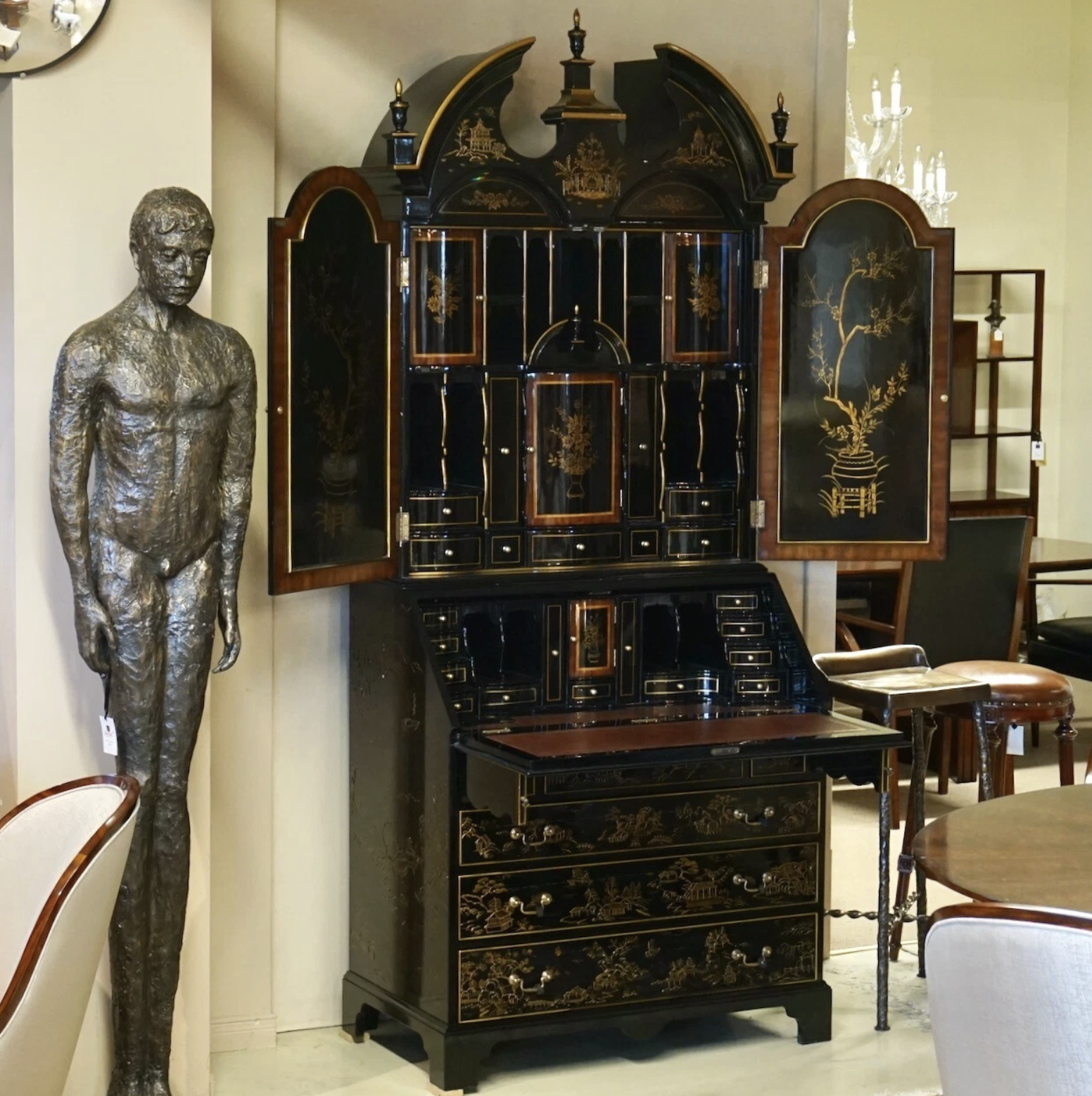 Jansen Furniture (via Ebay) Chinoiserie Secretary Desk Mahogany Piano Black Brown Leather Top