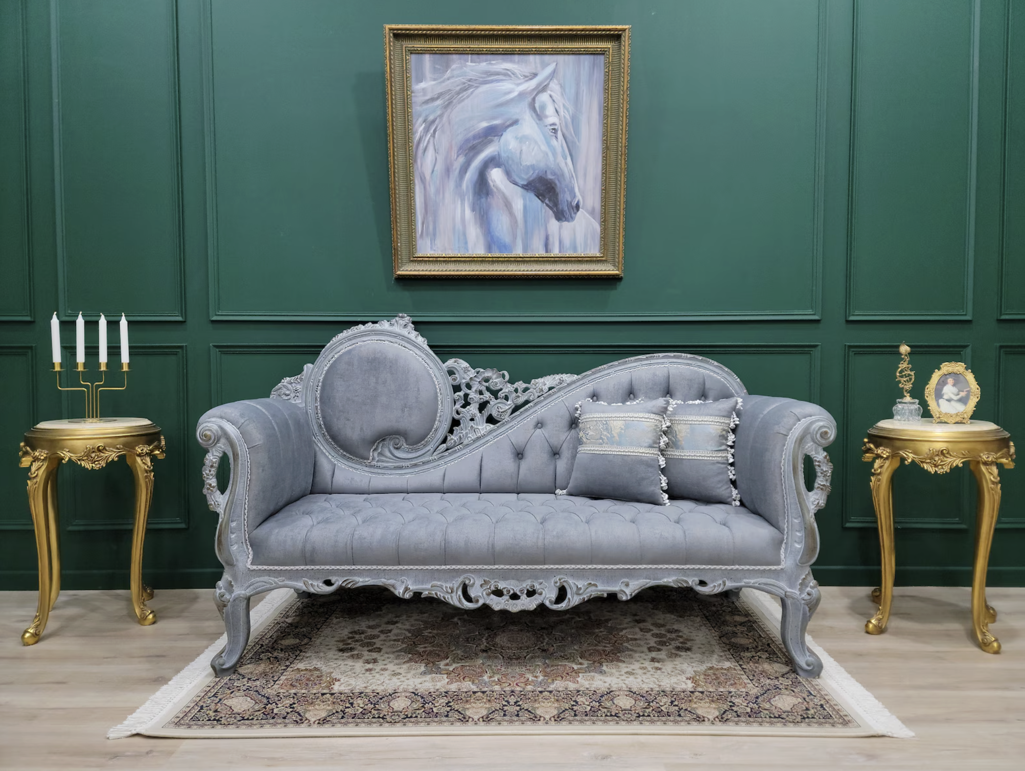 ArtdeVieFurniture (via Etsy) Hand-Carved Victorian Chaise Lounge: Tufted Pewter Gray Velvet