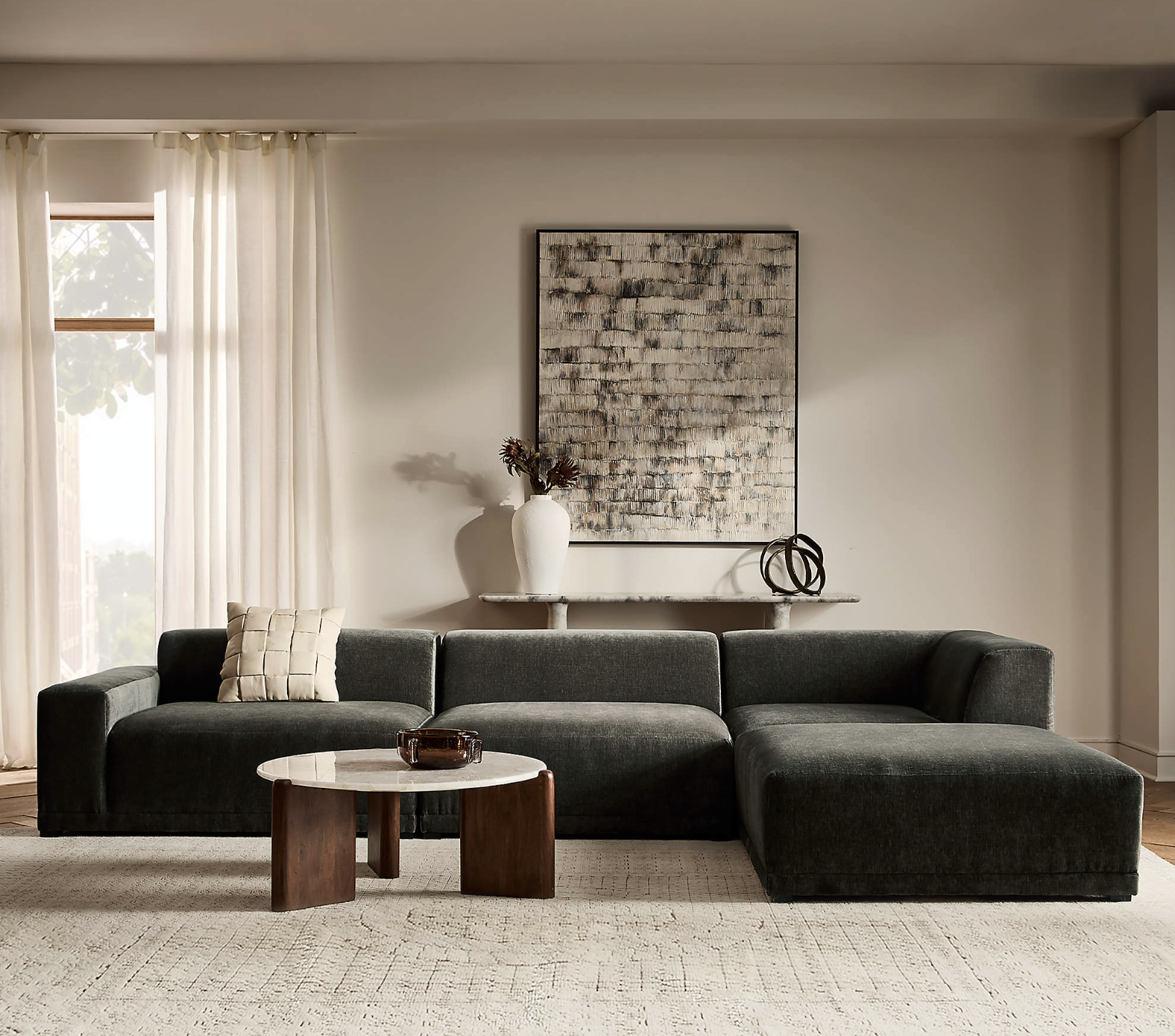 cb2 Faible 4-Piece Grey Performance Velvet Deep Depth Sectional Sofa with Right-Arm