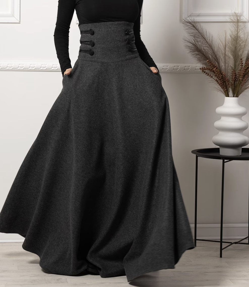 Nikka Place (via Wolf &amp; Badger) Ultra High Waist Wool Maxi Skirt With Pockets In Dark Gray Colour