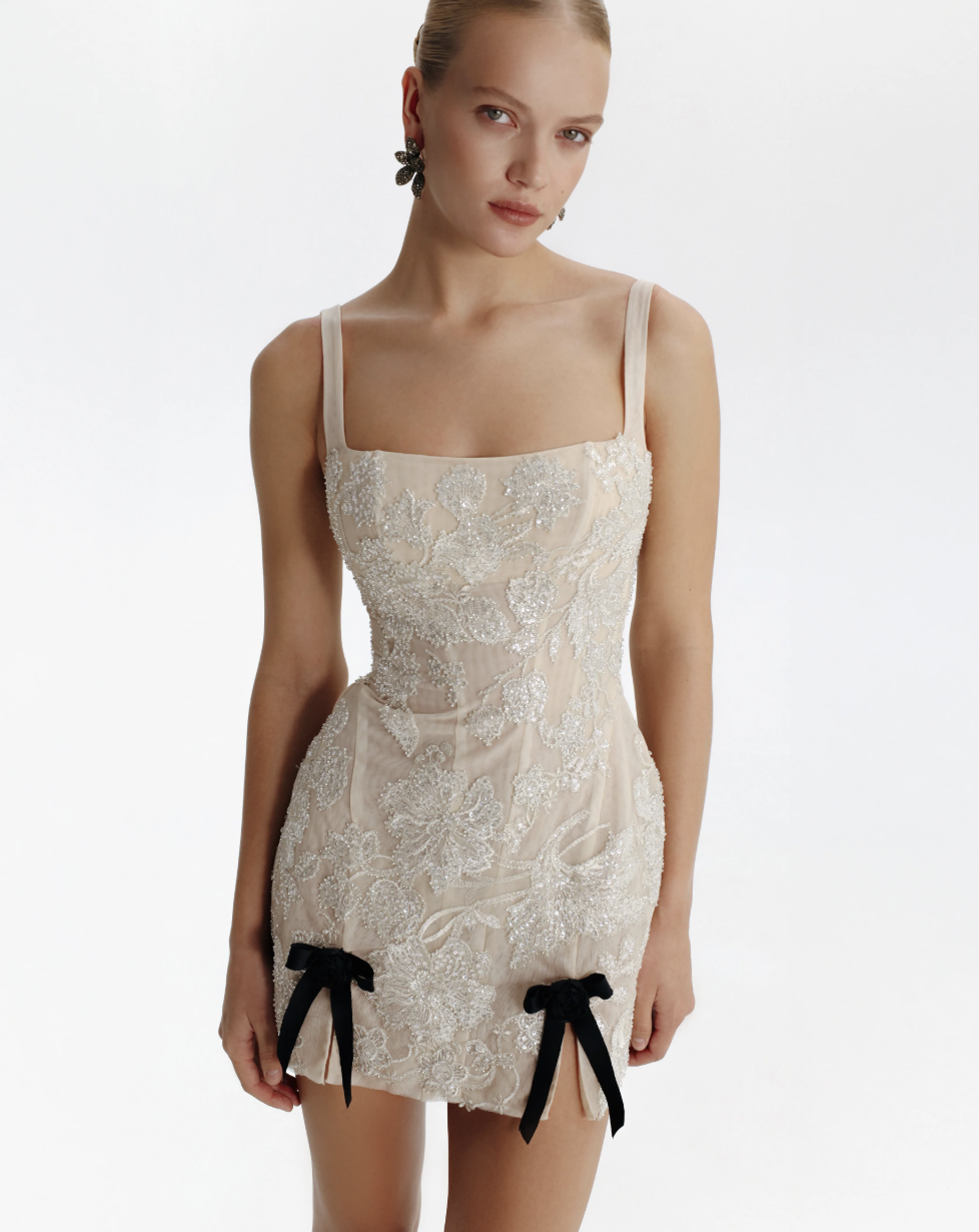 Milla, Fitted Nude Mini Dress With Bows