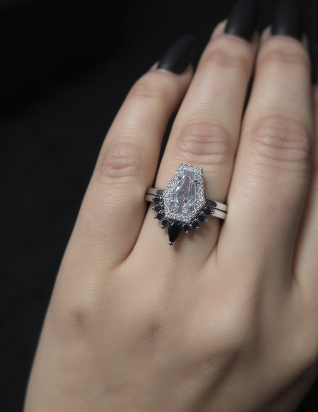 Sapphire Studio 1.53ct White Diamond Coffin Cut 14k White Gold Bridal Set