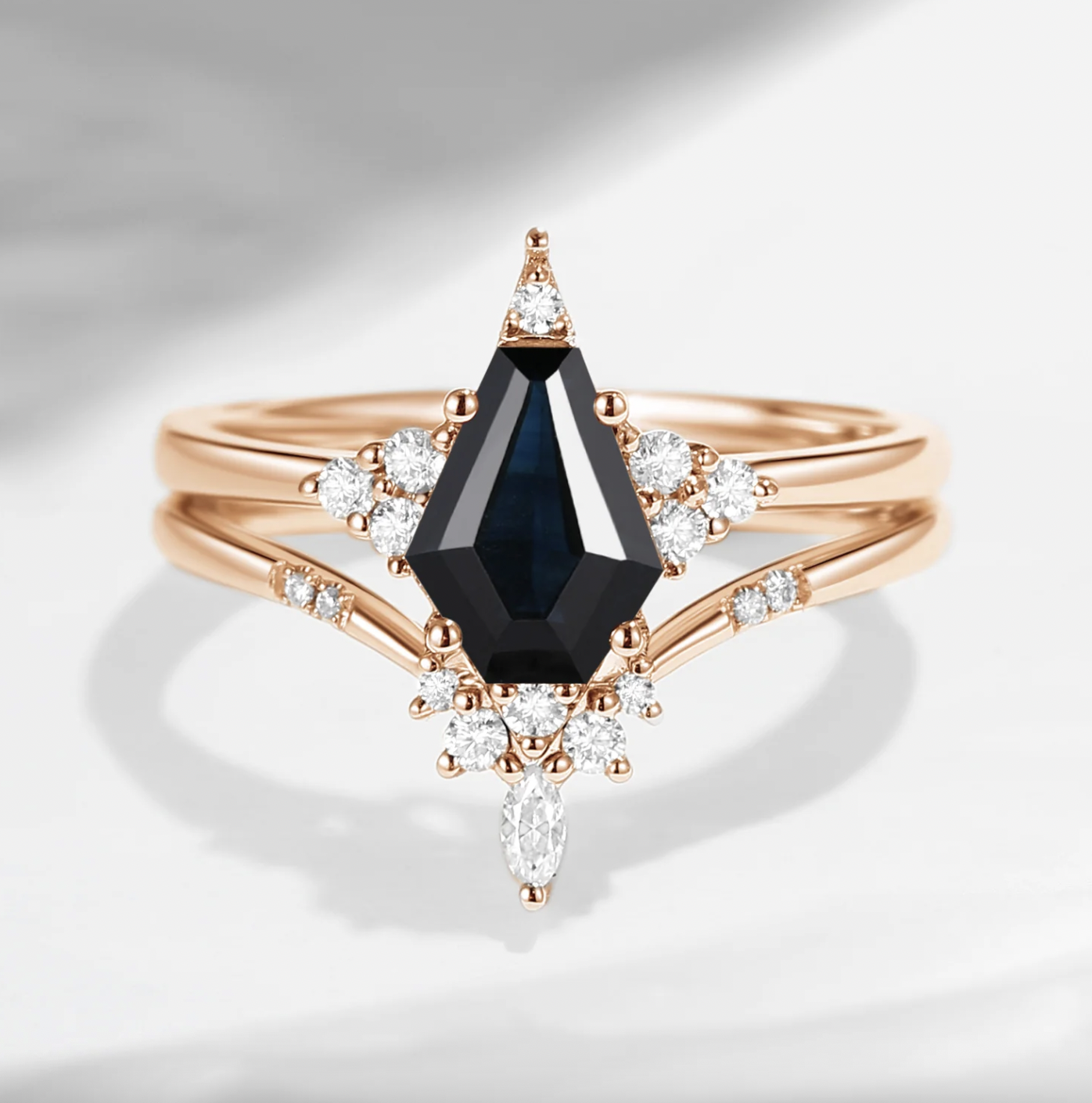 Starland US Unique Coffin Natural Black Sapphire Engagement Star Ring Set 2pcs - Coffin Kite