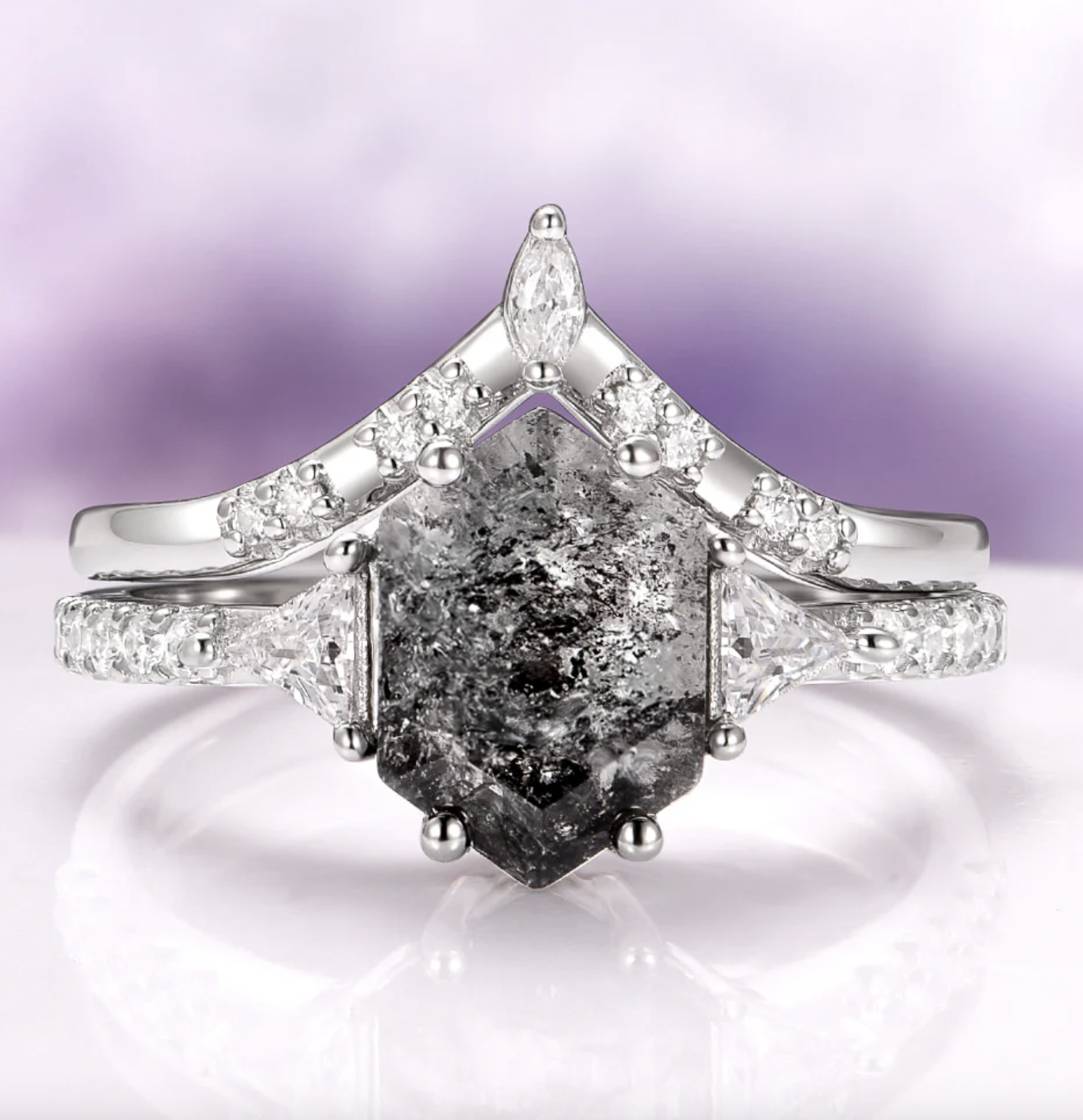 Aquamarise Natural Herkimer Diamond Hexagon Ring Set in Sterling Silver