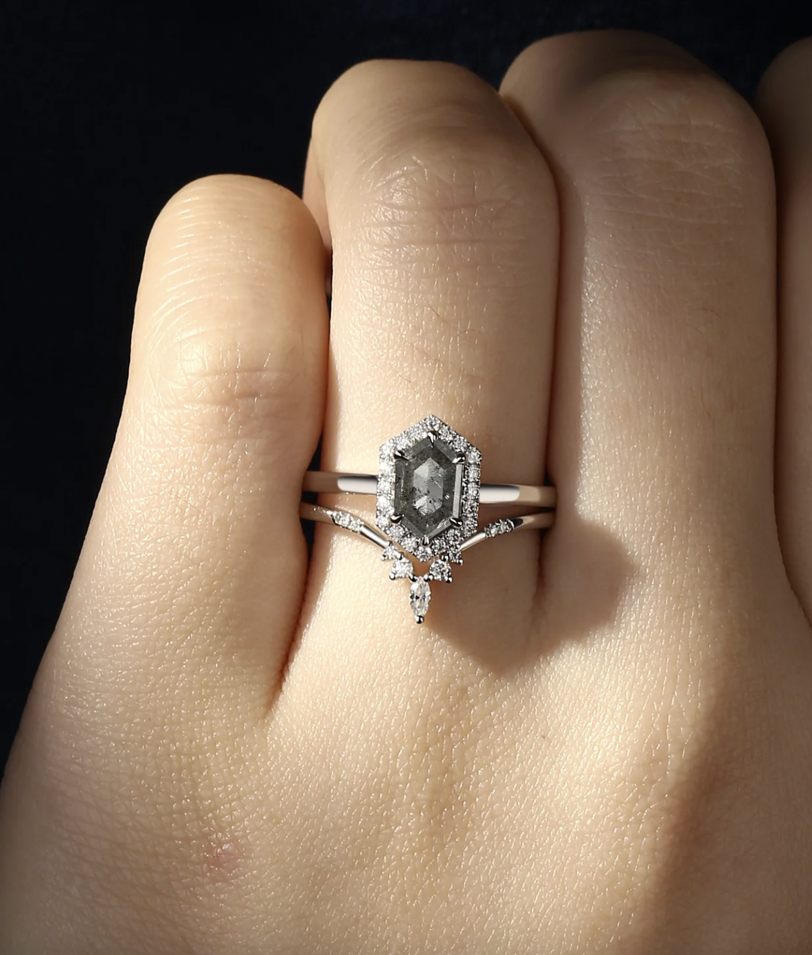 Starland US Long Hexagon Salt and Pepper Diamond Engagement Ring Set 2pcs Solitaire Cluster Ring