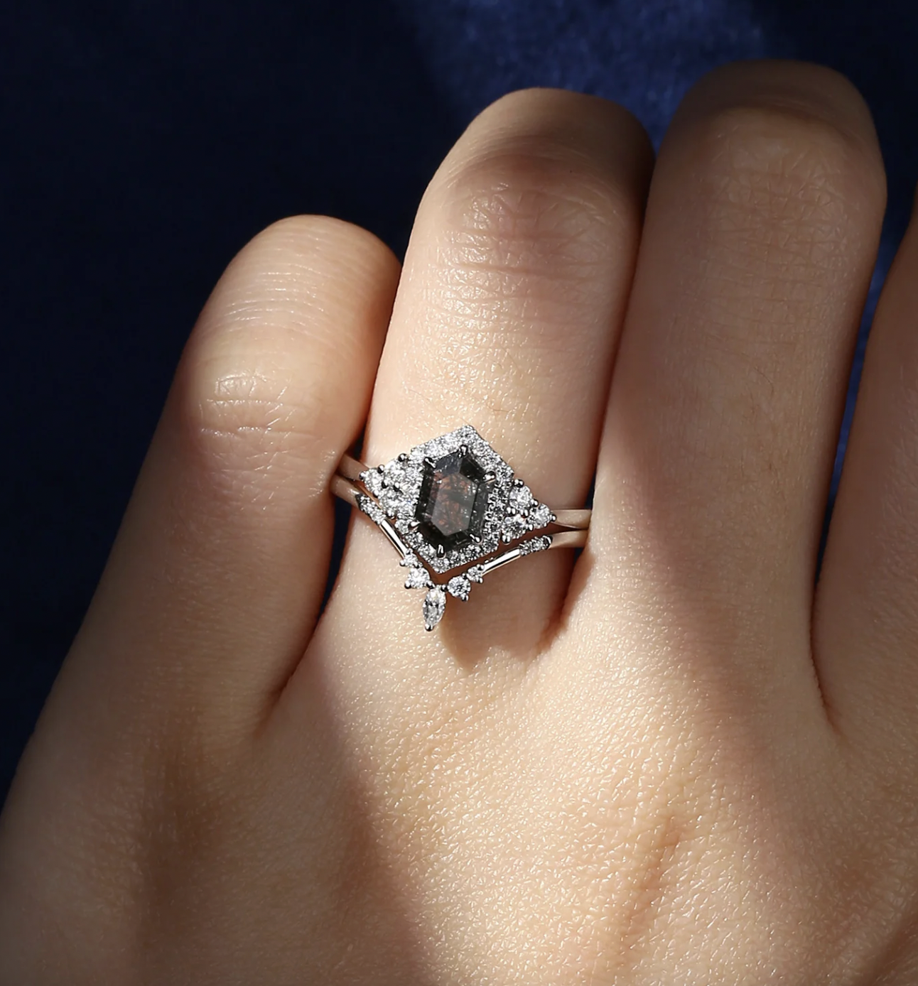 Starland US Long Hexagon Black Rutilated Quartz Halo Engagement Ring Set 2pcs