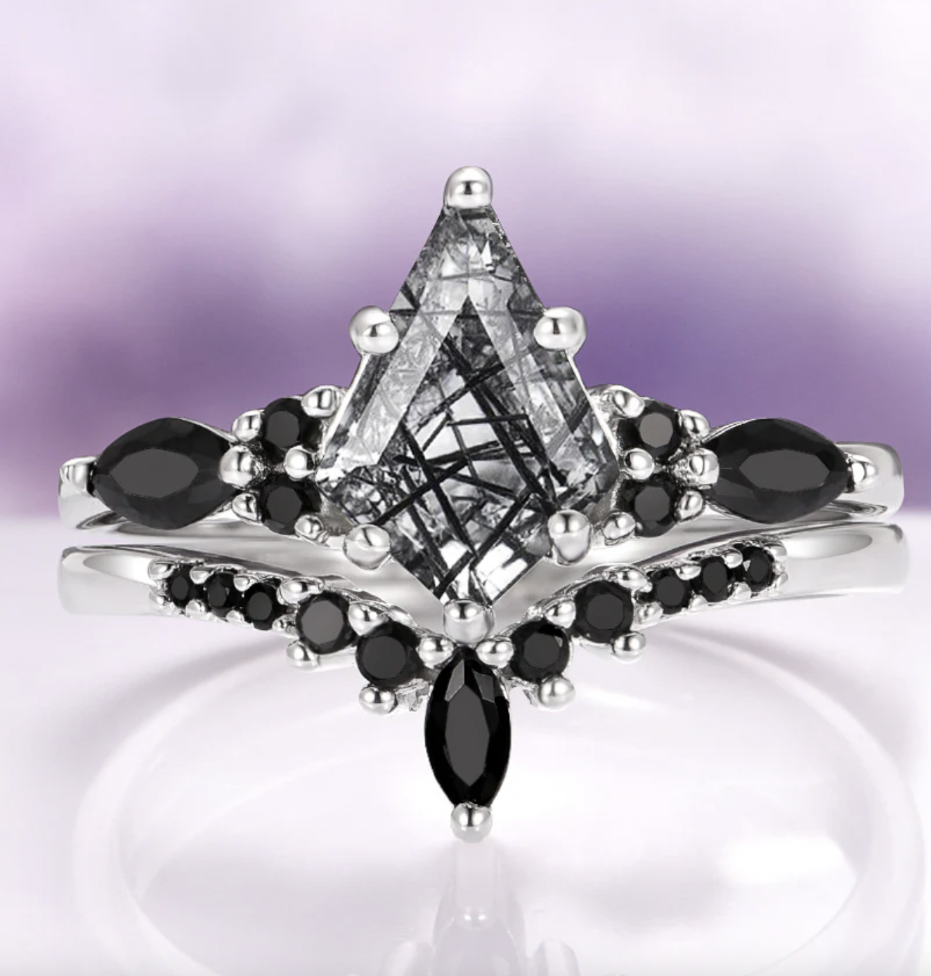 Aquamarise Skye Kite® Rutilated Quartz &amp; Black Onyx Ring Set in Sterling Silver