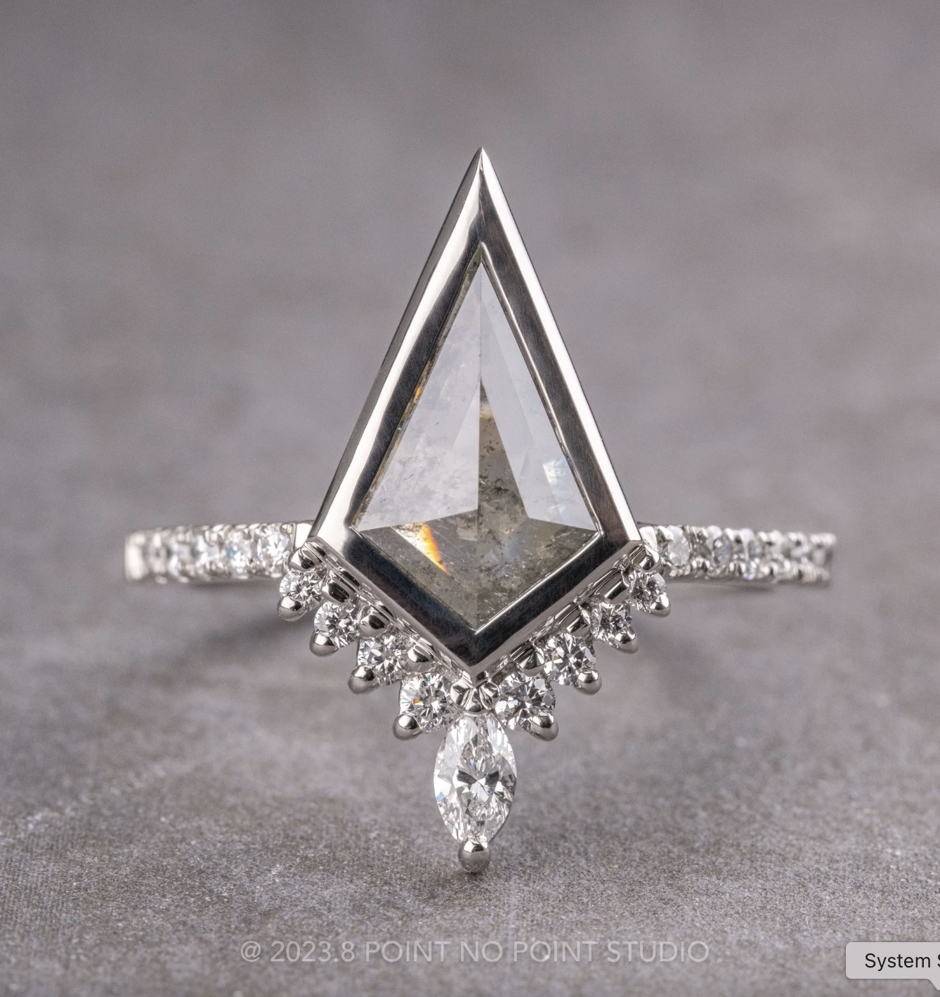 Point No Point Studio2.10 Carat Salt and Pepper Kite Diamond Engagement Ring, Bezel Avaline Setting, Platinum