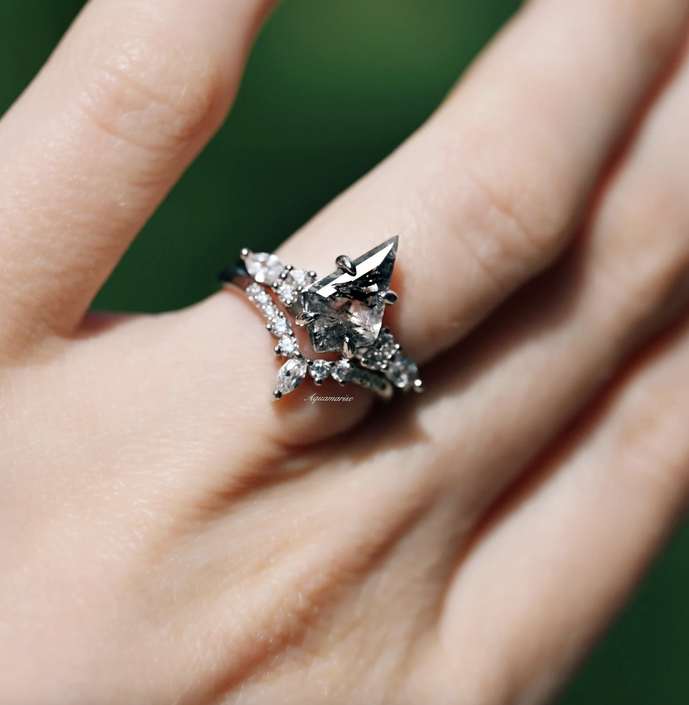 Aquamarise Skye Kite® Galaxy Herkimer Diamond Ring Set in Black Ruthenium