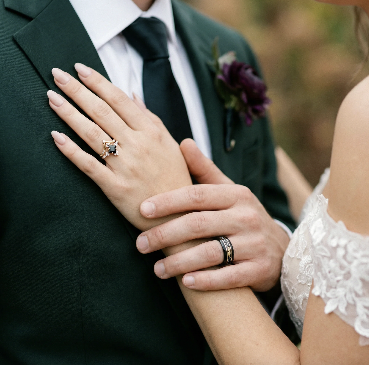 Aquamarise Black Onyx &amp; Meteorite Gold Leaf Couples Ring Set