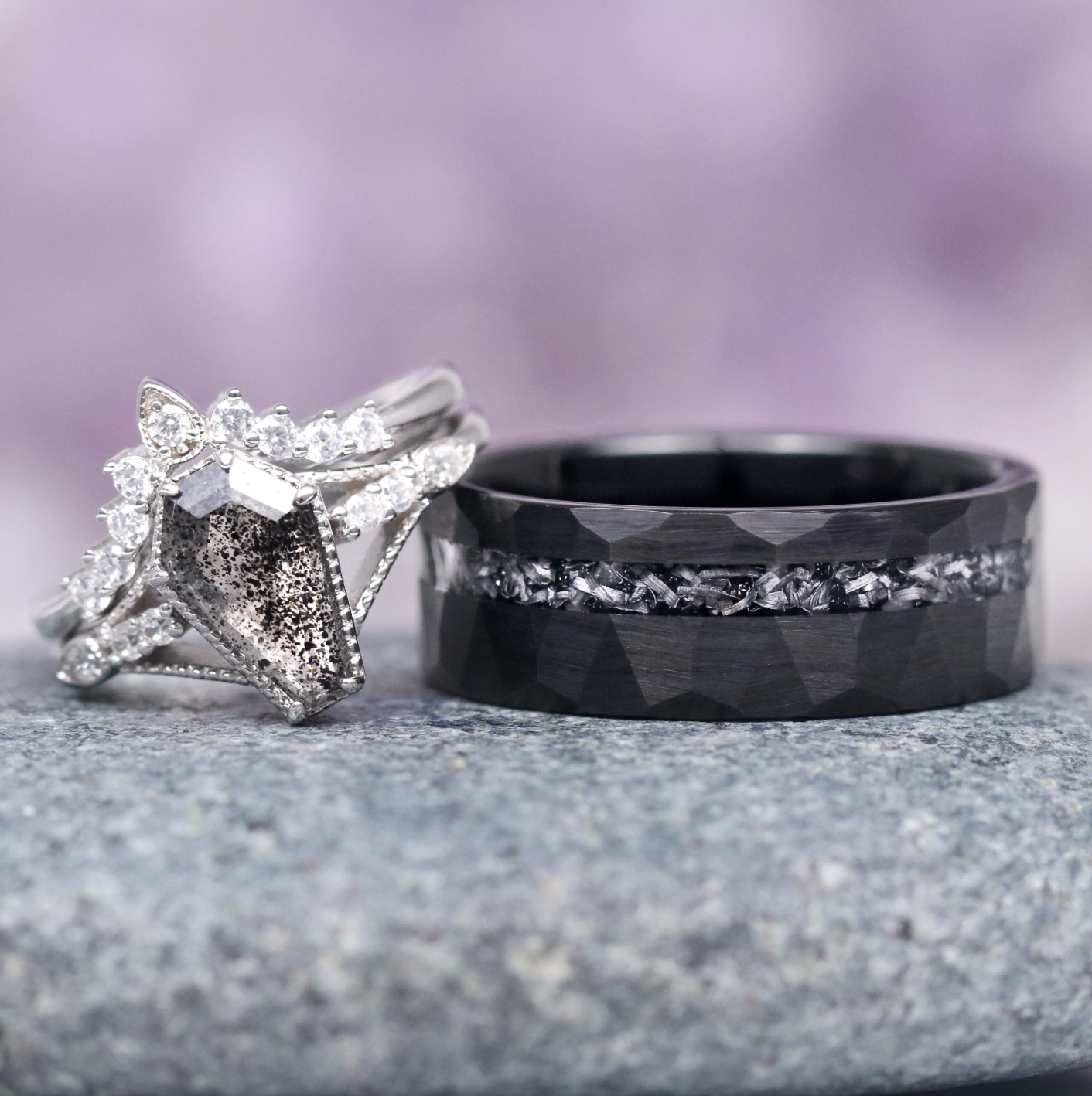 Aquamarise Galaxy Salt &amp; Pepper (Herkimer) Diamond &amp; Meteorite Couples Ring Set