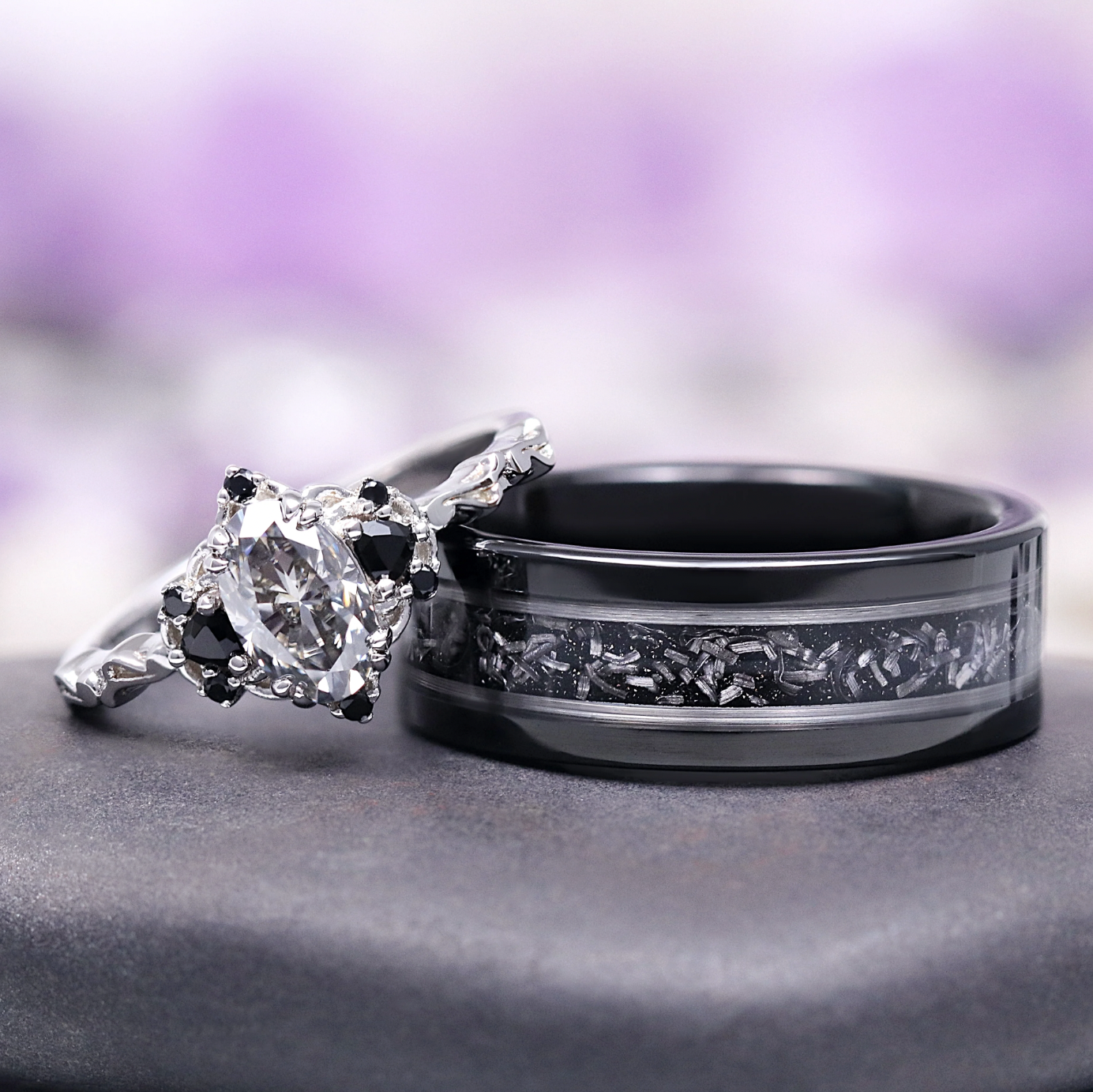 Aquamarise Esme Gray Moissanite and Meteorite Couples Ring Set