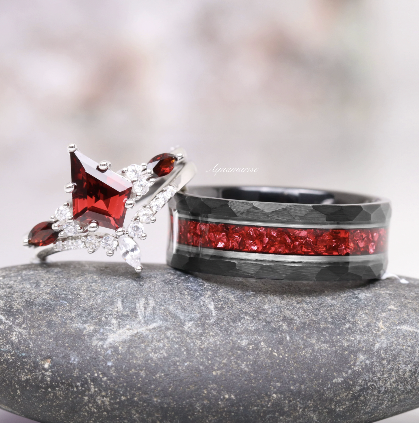 Aquamarise Skye Kite® Natural Red Garnet Couples Ring Set